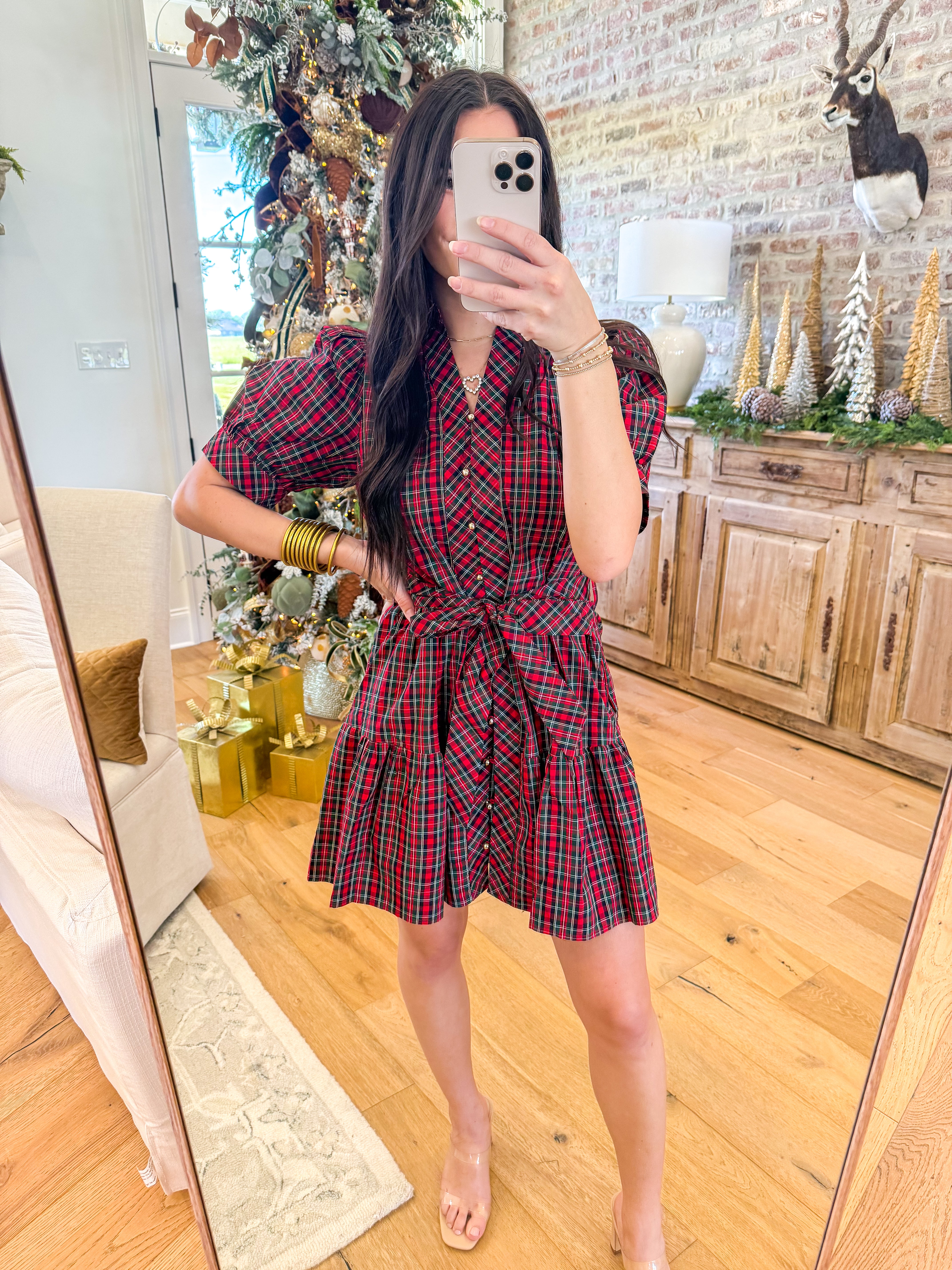 Tartan Charm Puff Sleeve Mini Dress Red