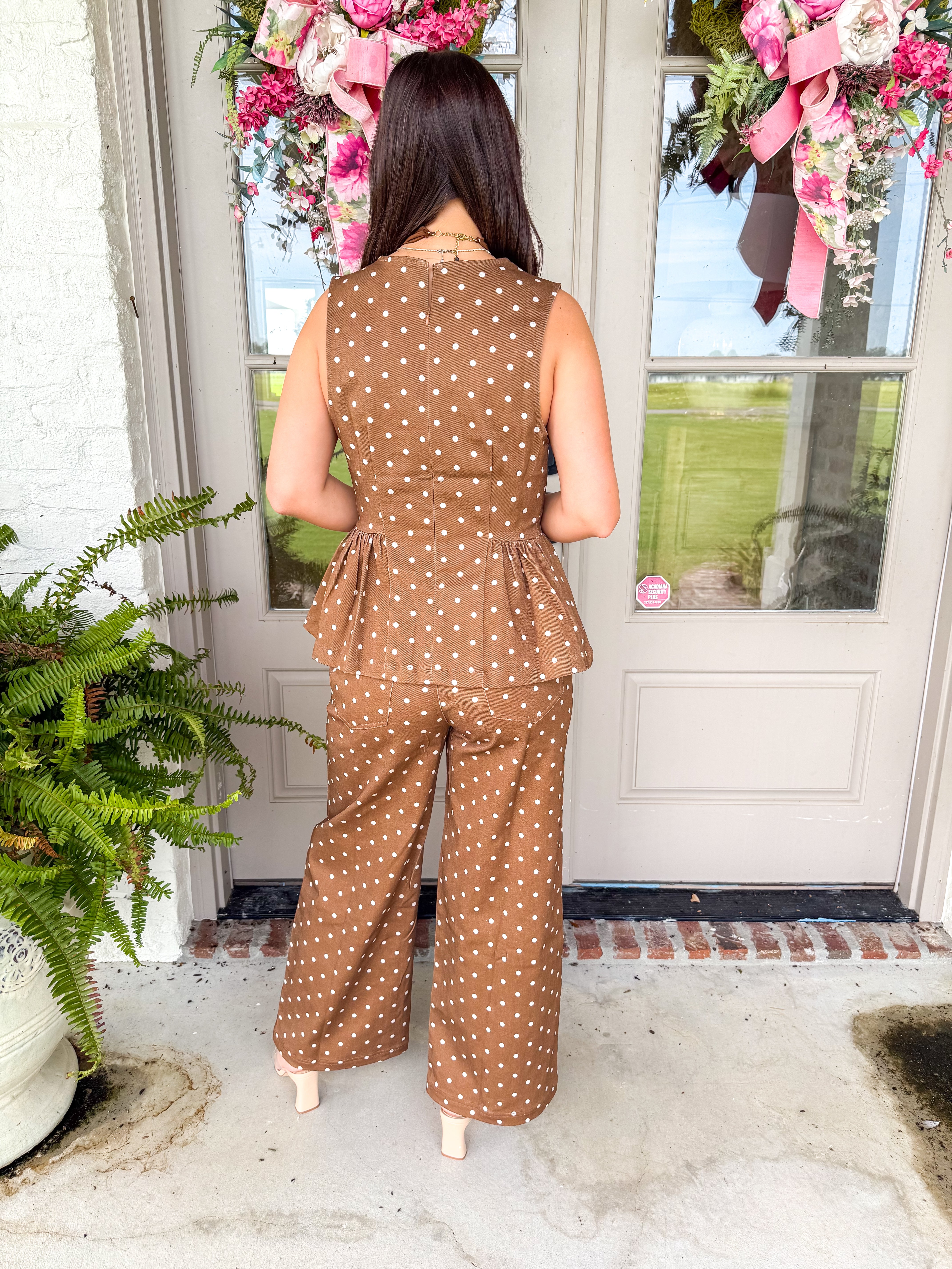 Caramel Dreams Polka Dot Peplum Top