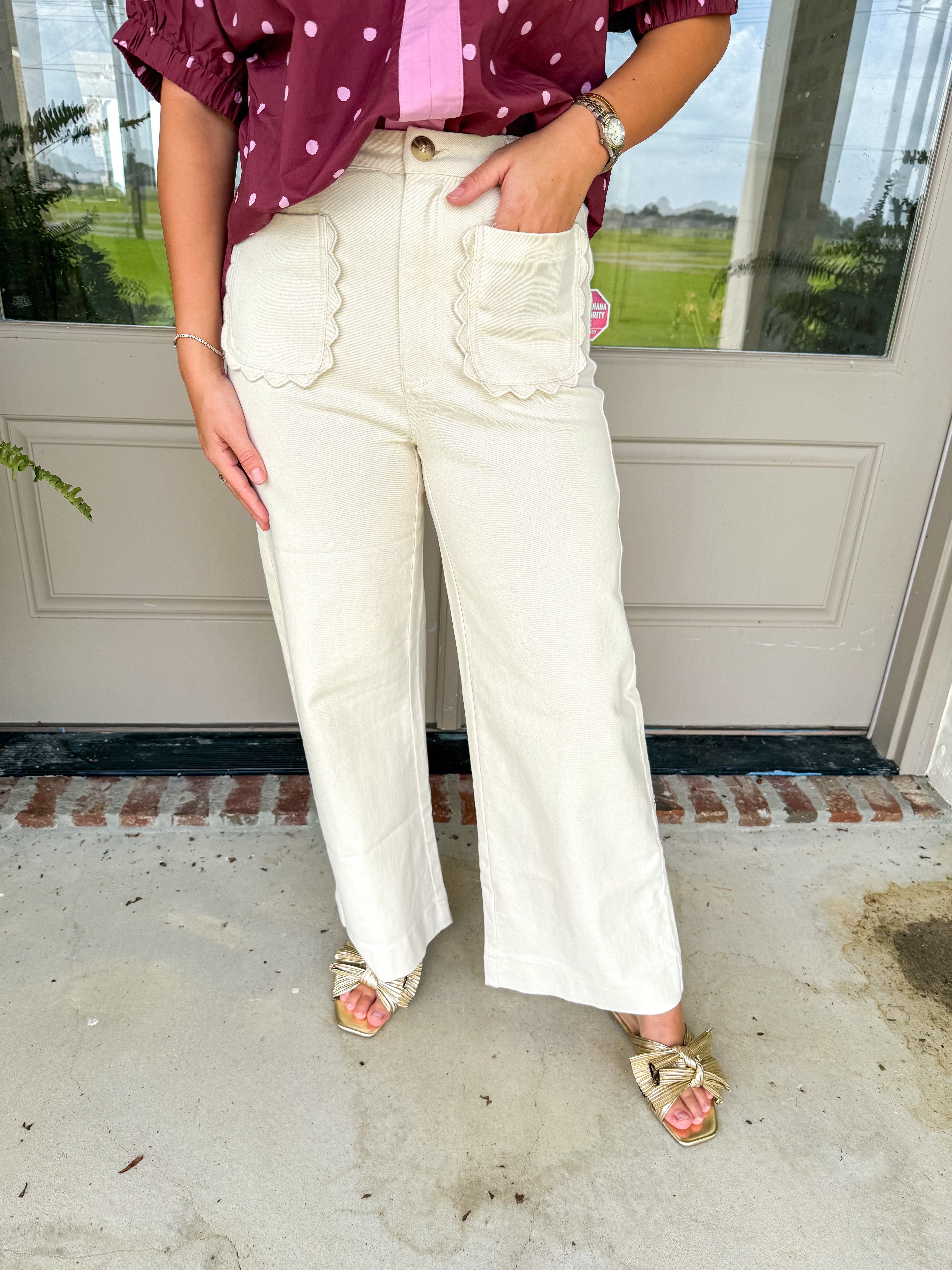 Scalloped Wide Leg Trousers Ecru
