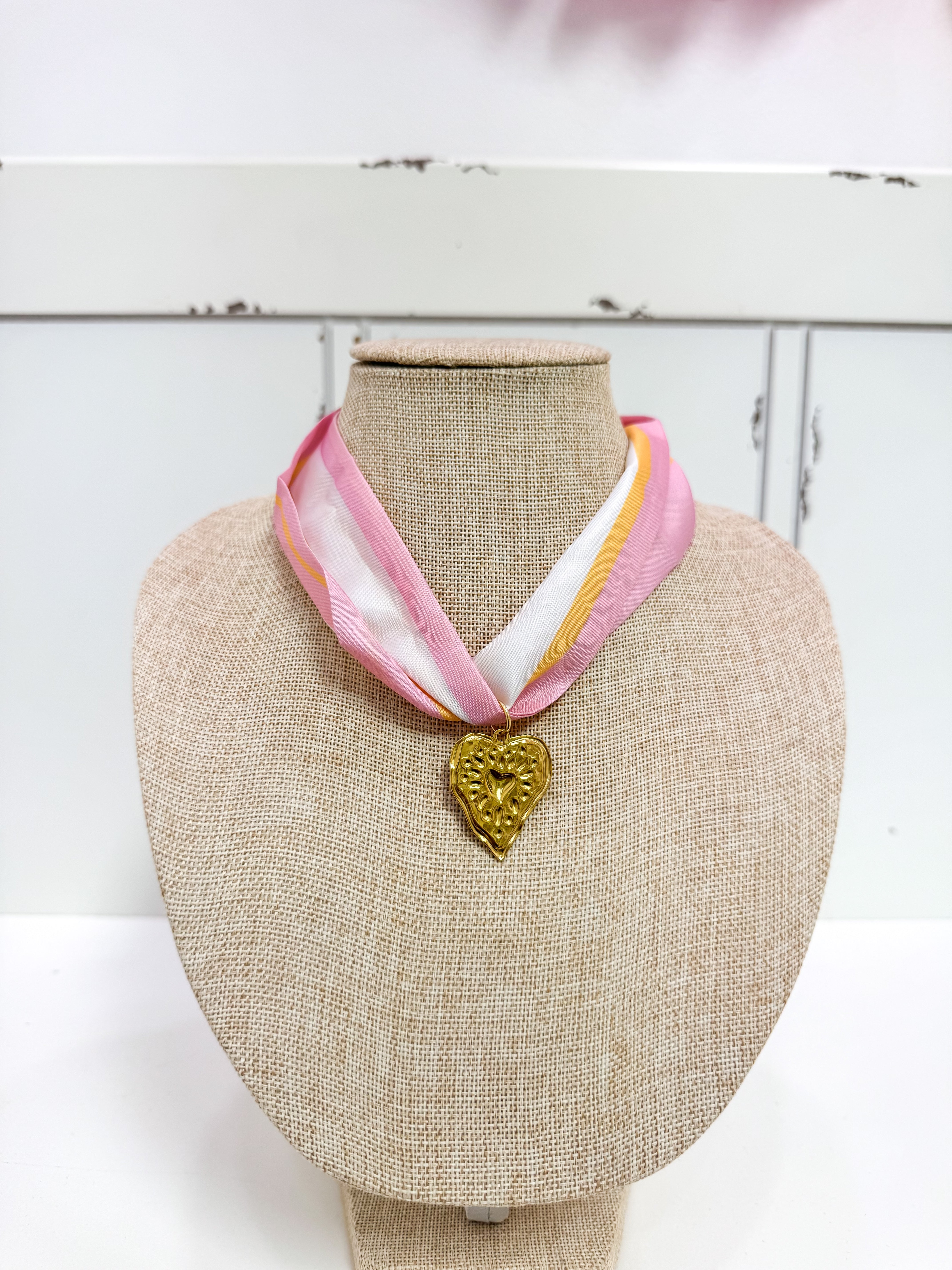 Pink Lemonade Striped Gold Heart Scarf Necklace