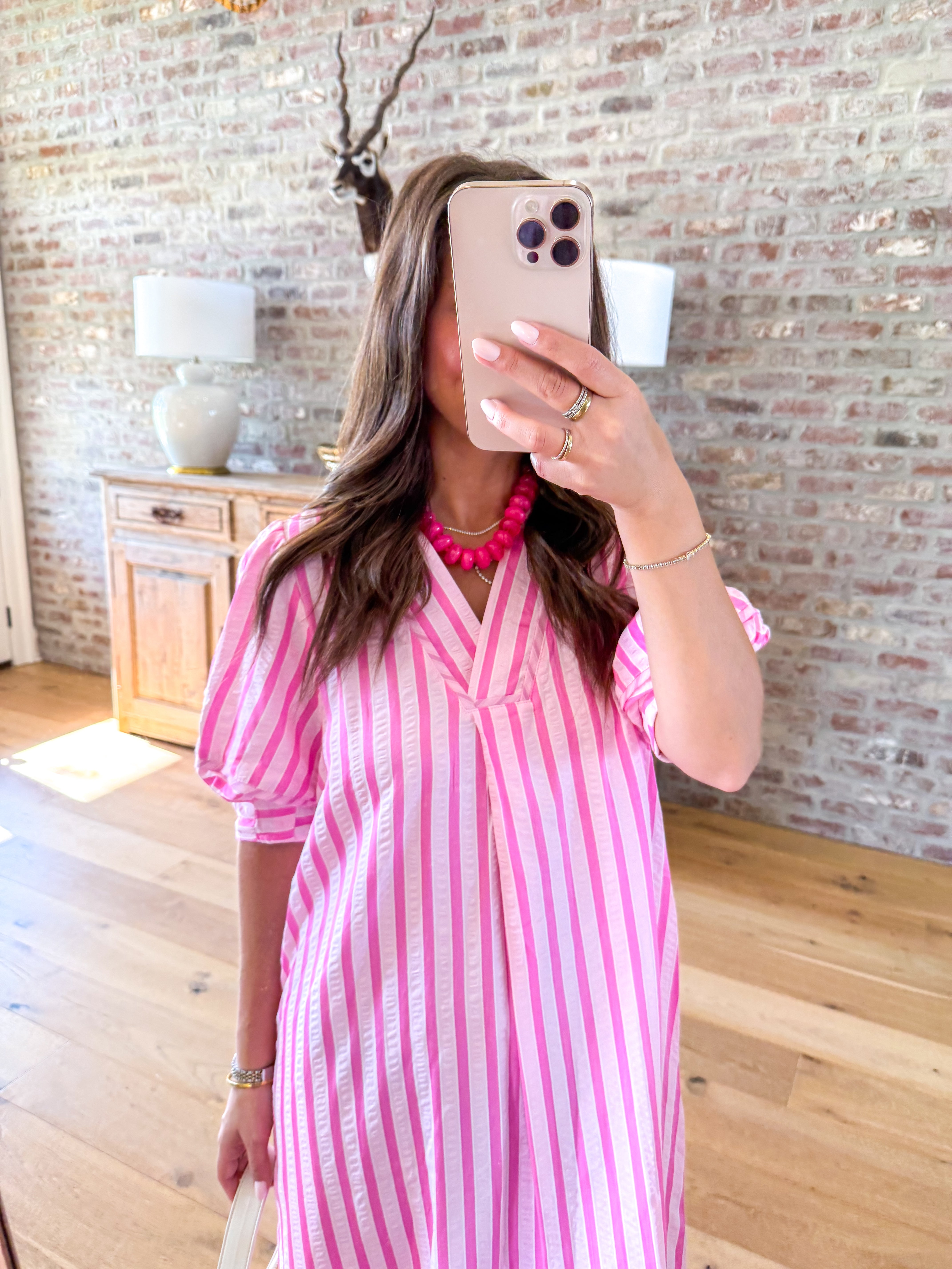 Coastal Stripe Puff Sleeve Midi Peony