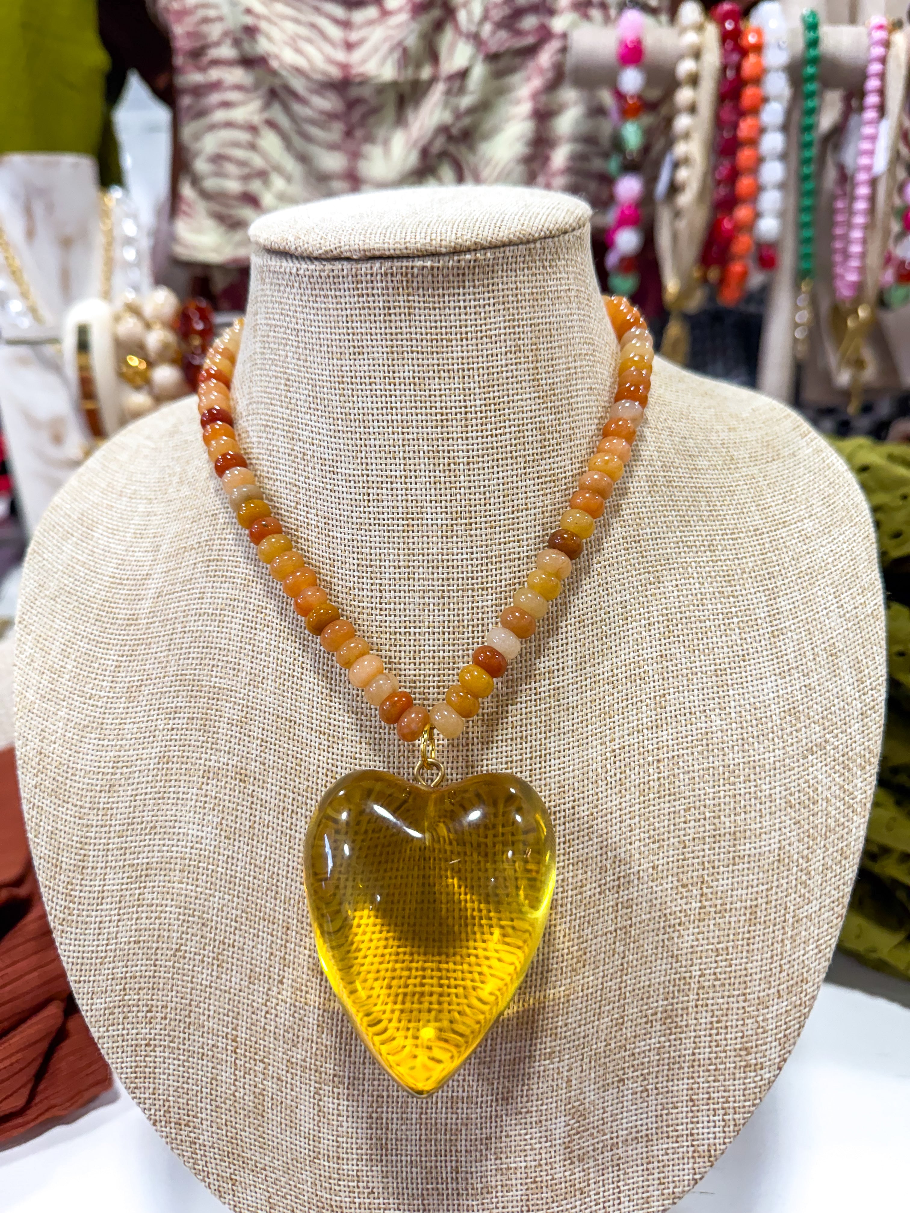 Large Citrine Heart Mutli Beaded Necklace