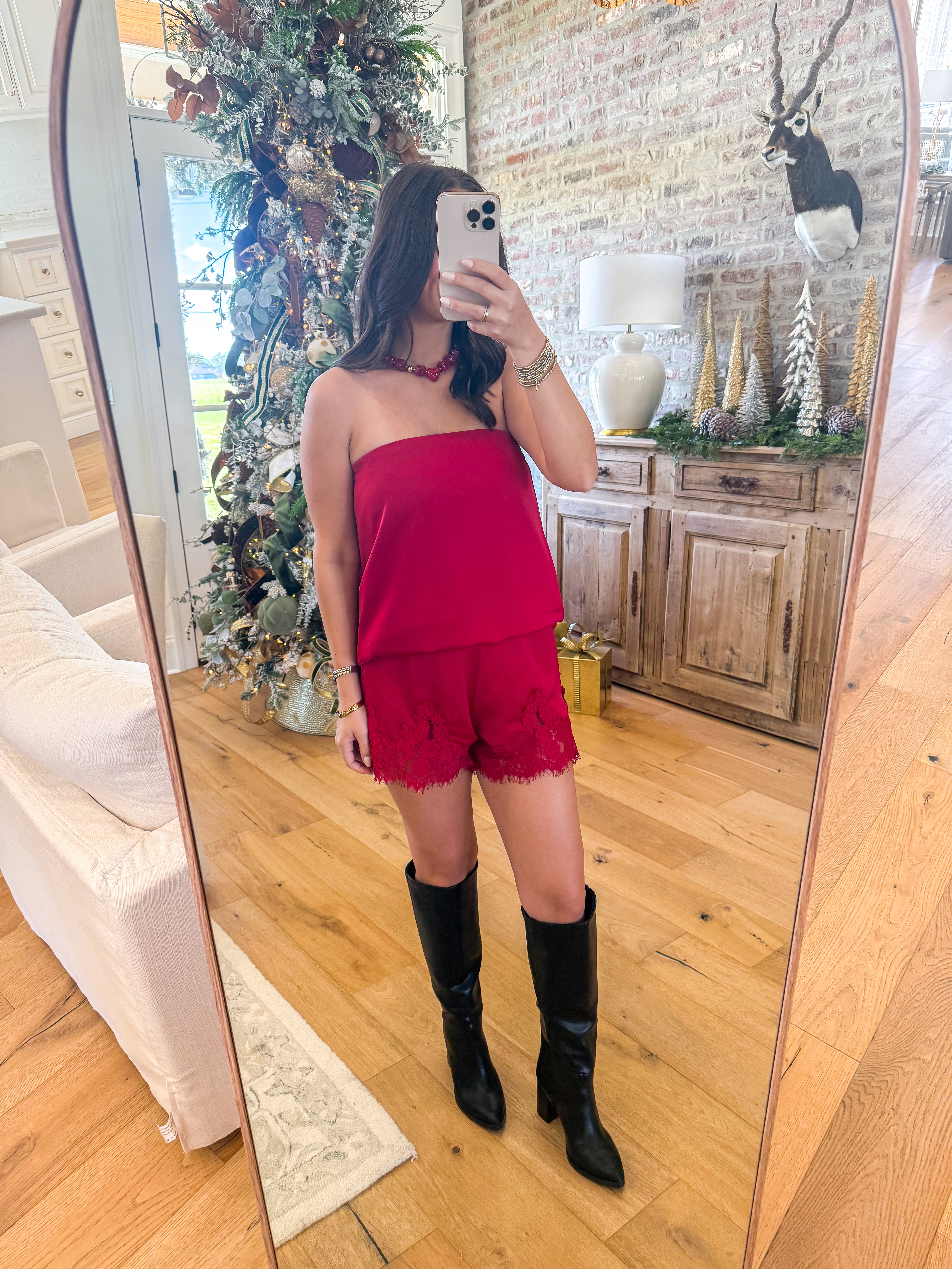 Crimson Charm Satin Lace Set
