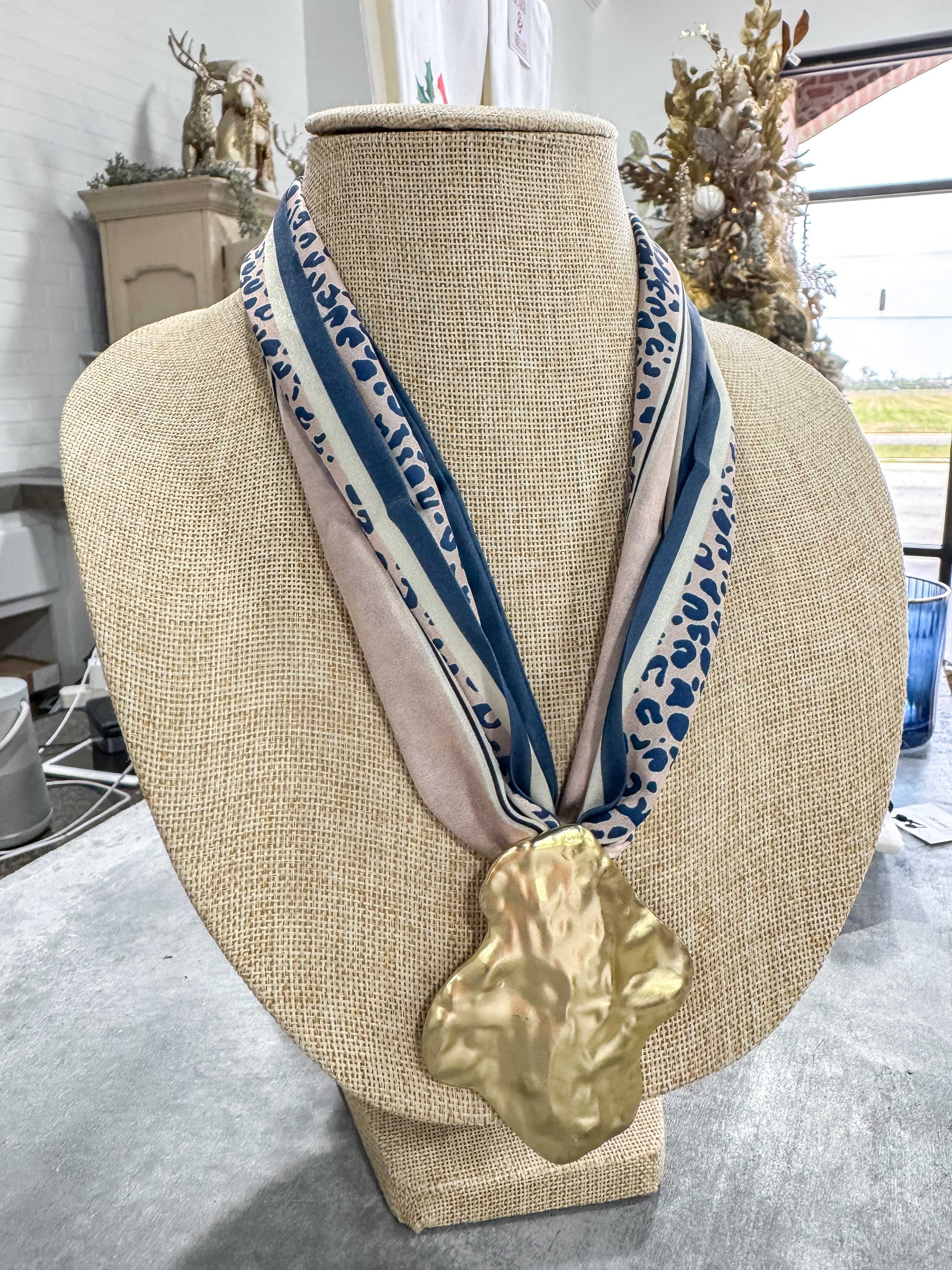 Tan & Blue Cheeta Scarf Necklace Gold Pendant