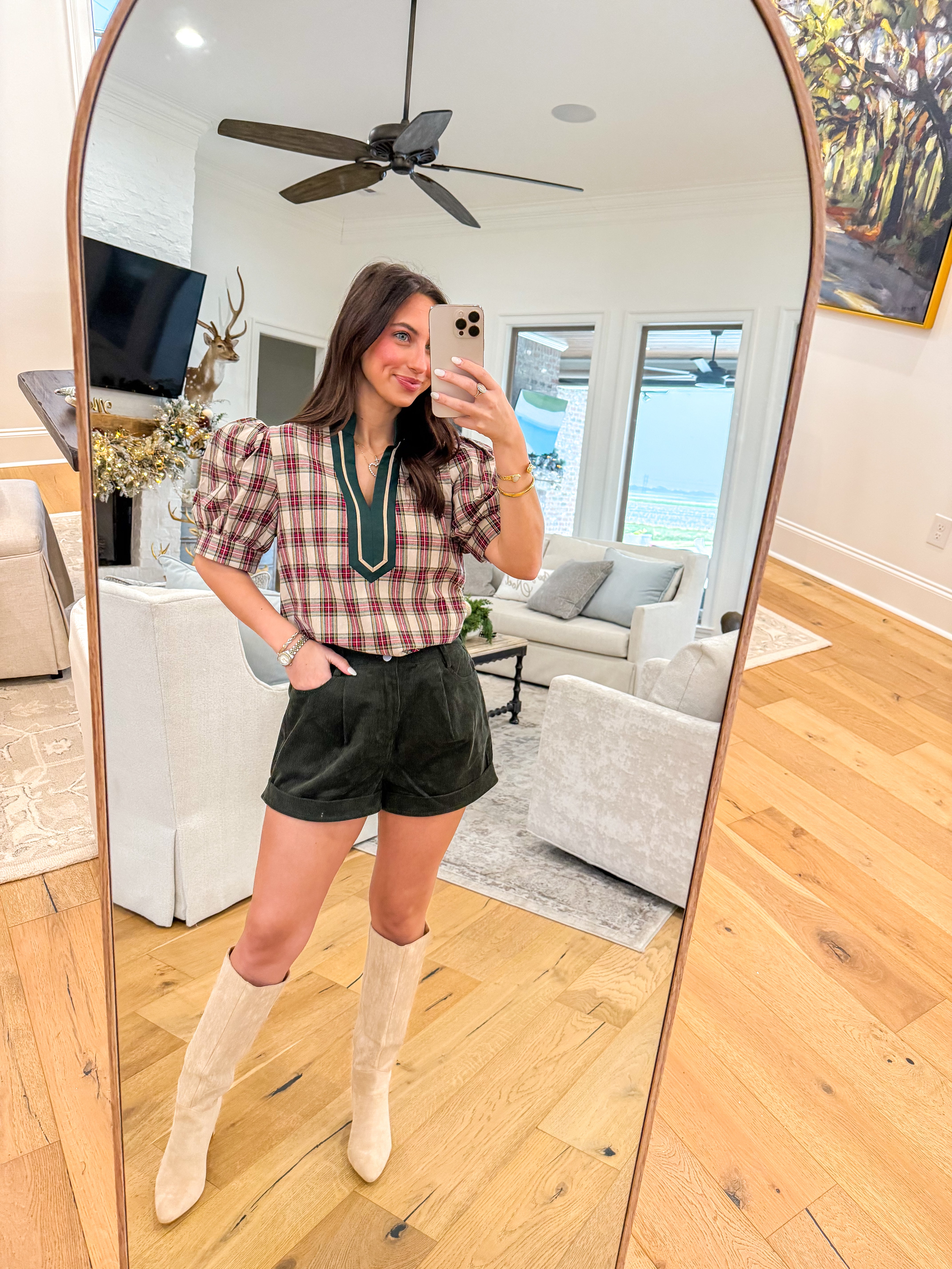 Holiday Hearth Taupe Plaid Blouse