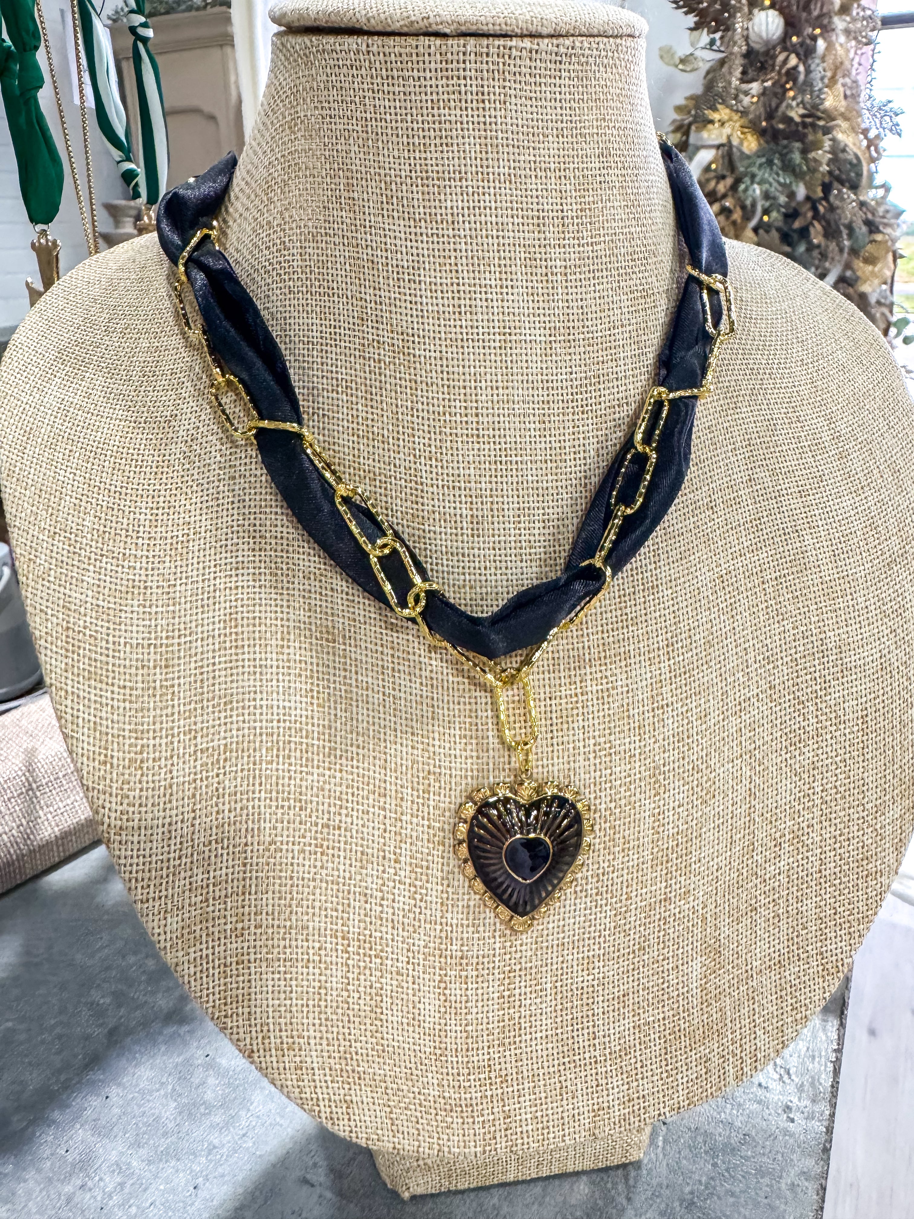 Black Scarf Necklace With Gold Chain & Heart