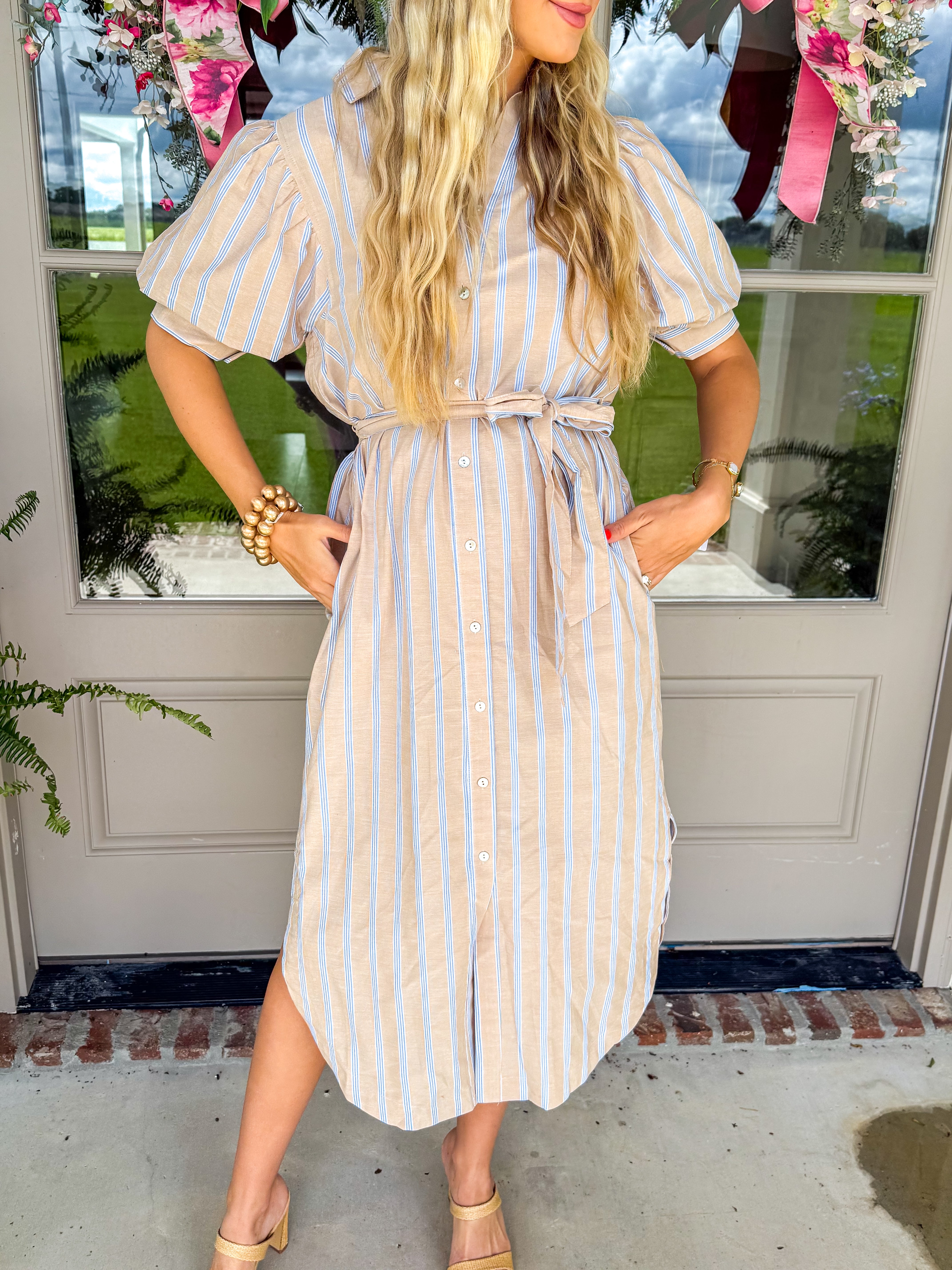 Sunny Side Stripe Taupe Midi Dress