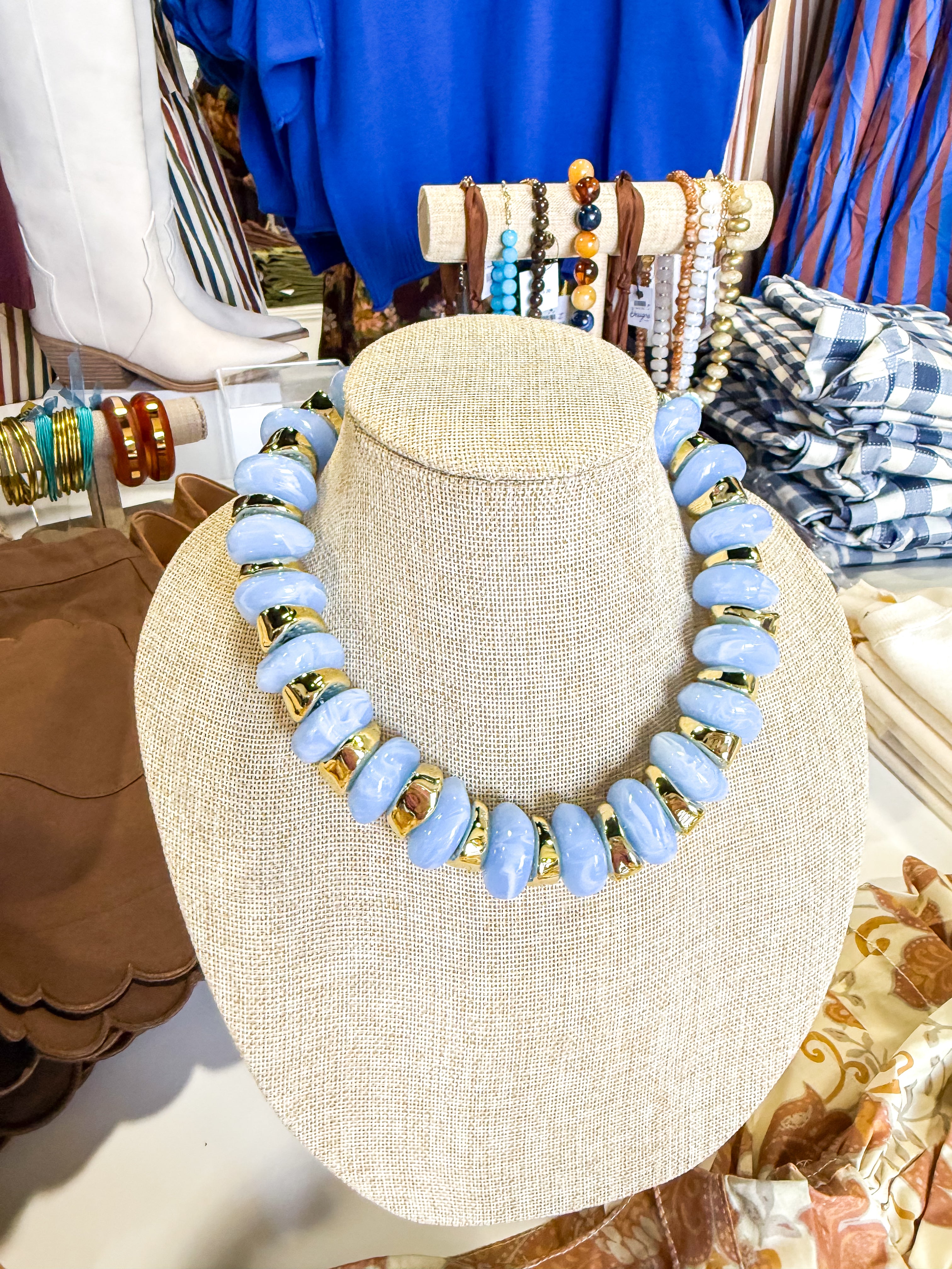 Chunky Baby Blue Bead & Gold Necklace