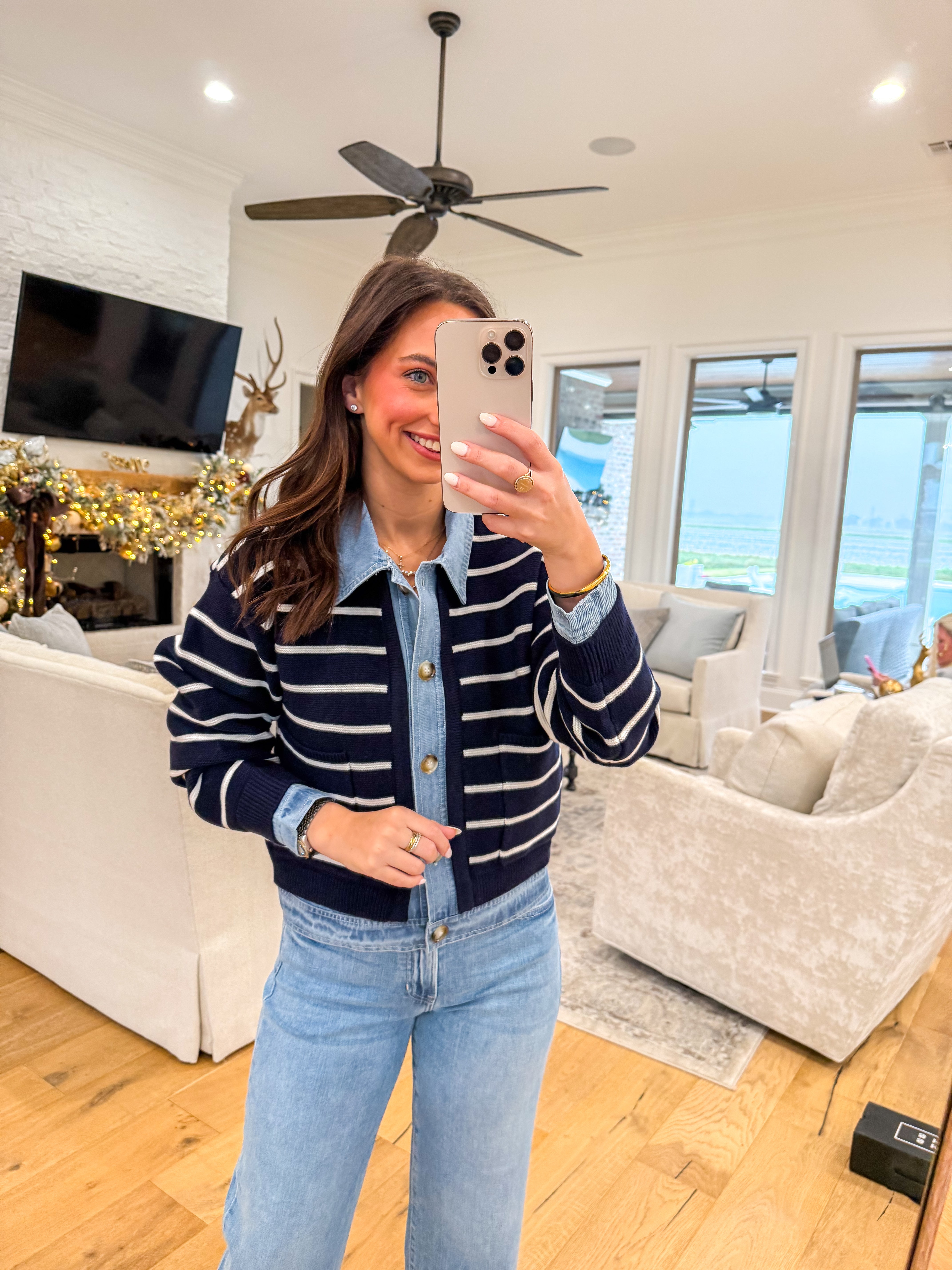 Navy Striped Knit & Denim Cardigan