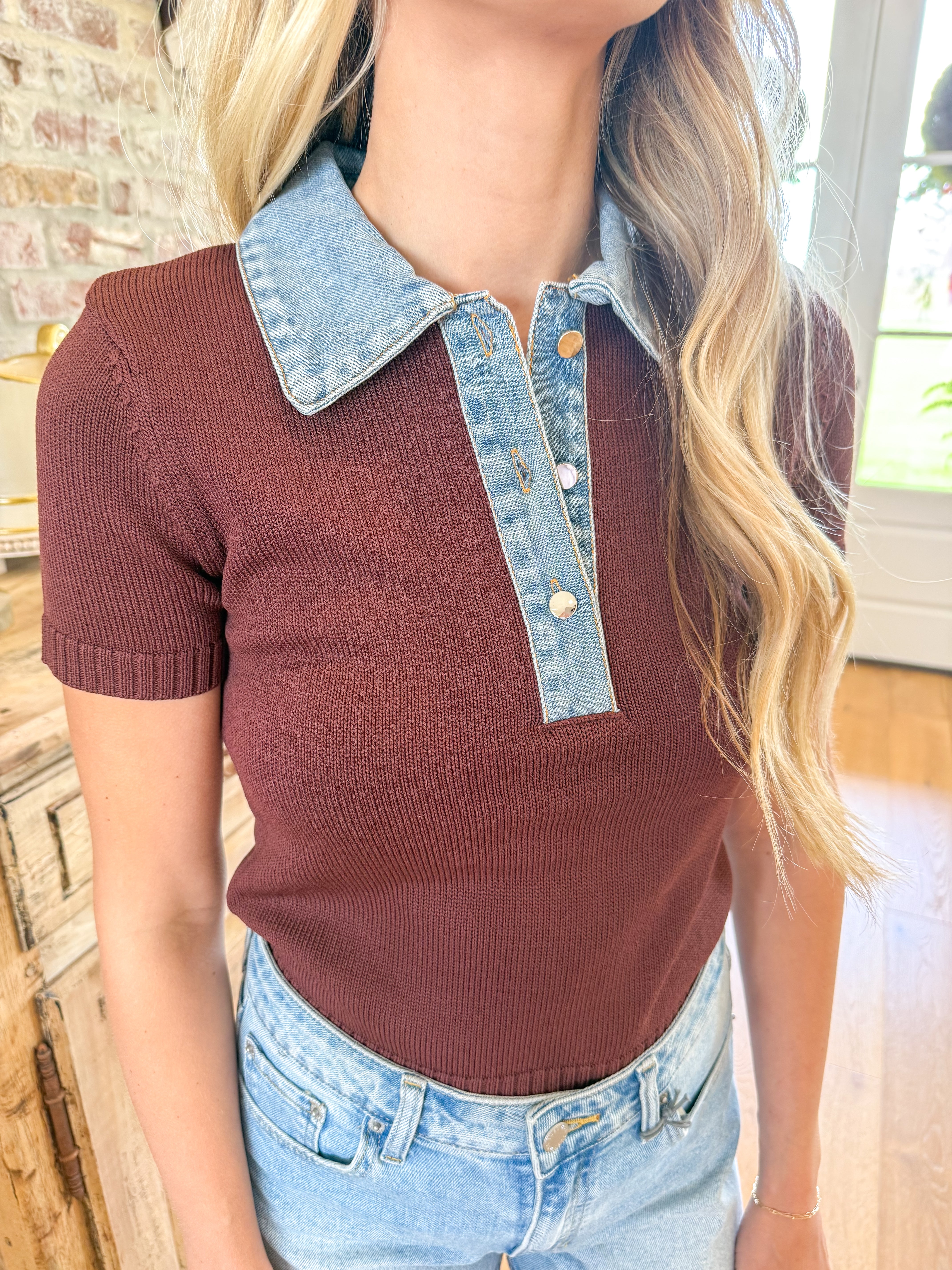 Lena Contrast Brown Denim Collar Crop Top