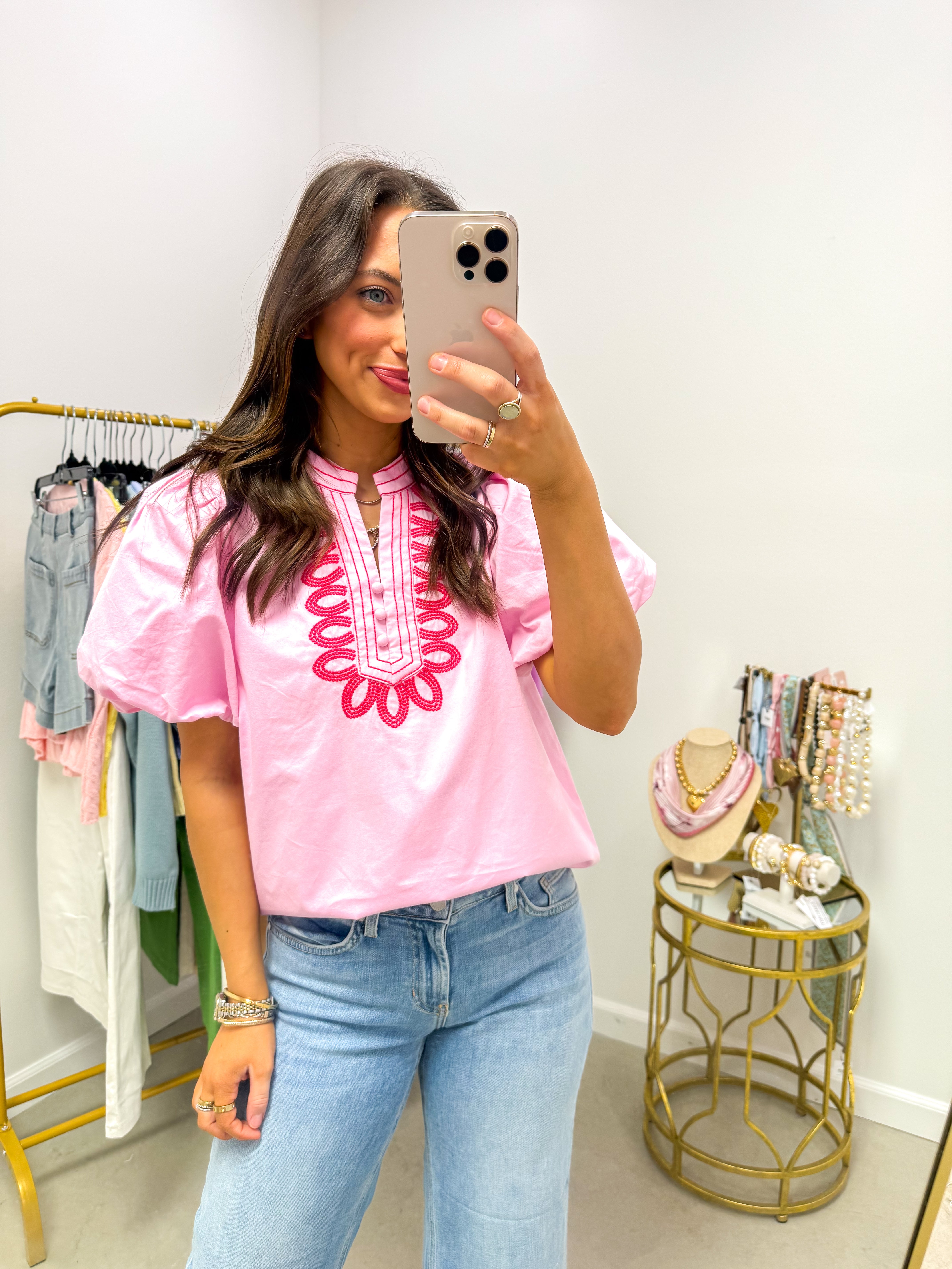 Pink Embroidered Puff Sleeve Top