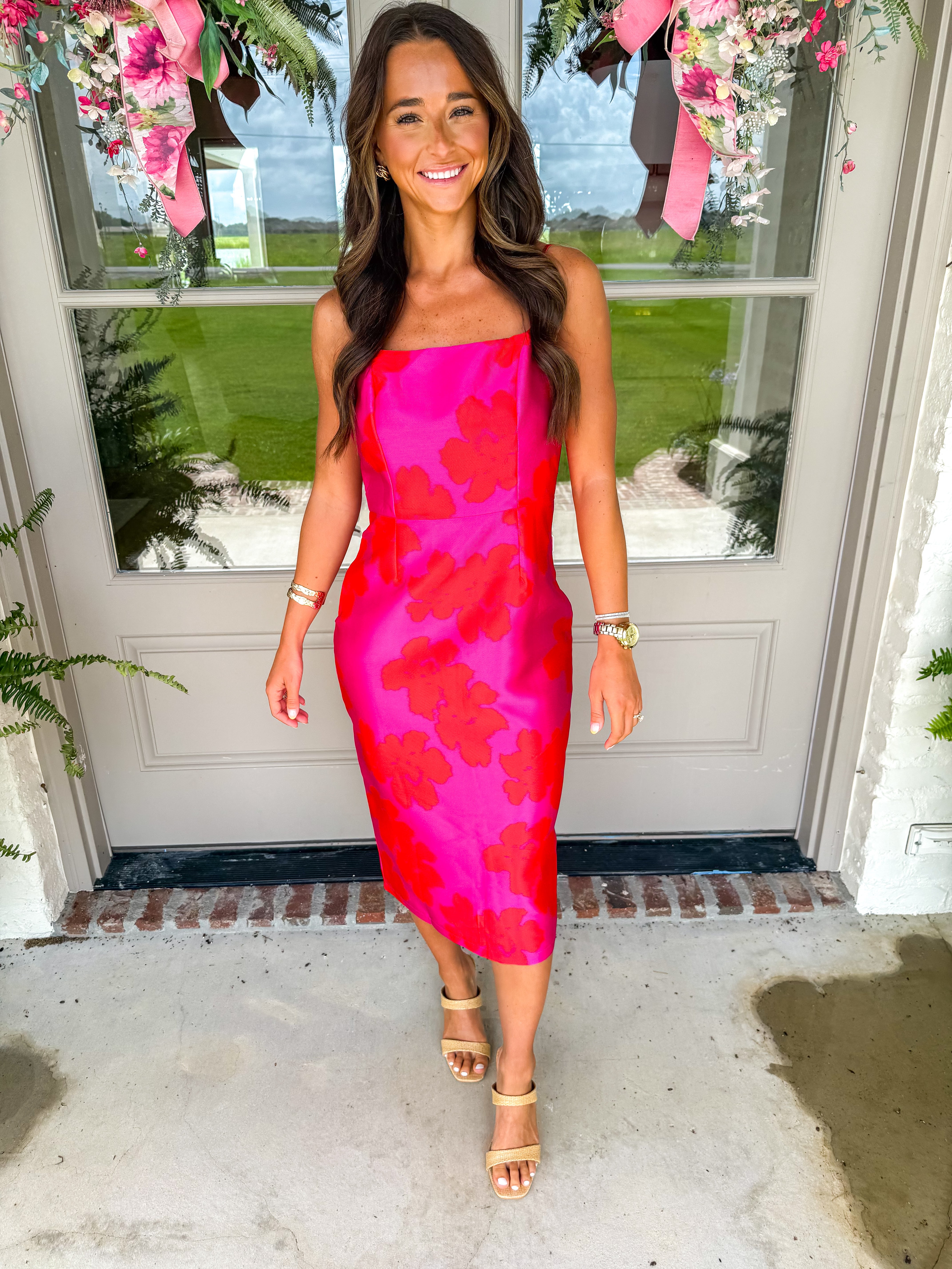 Fuchsia Garden Floral Satin Midi Dress