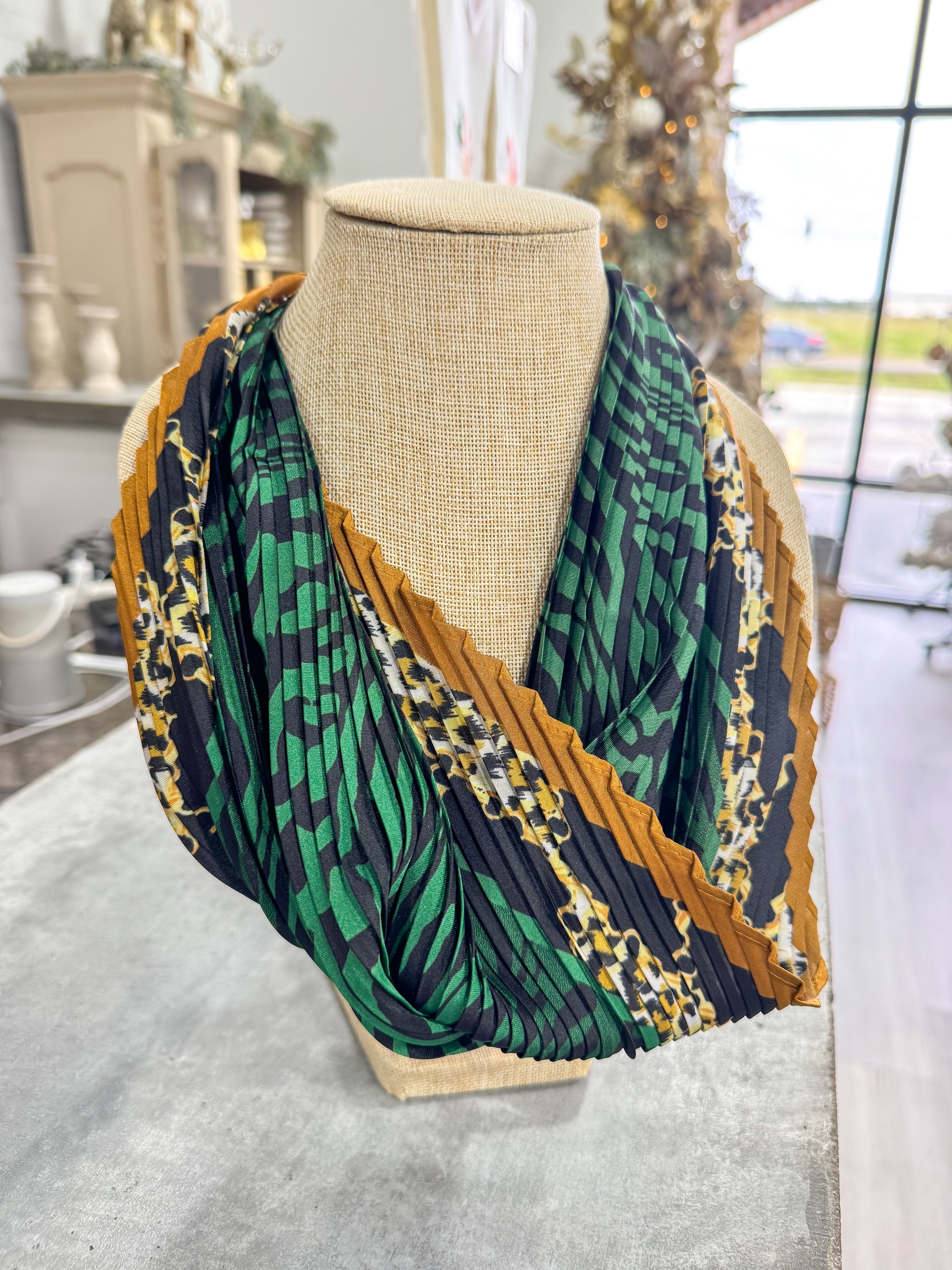 Green/navy/Brown Cheeta Scarf