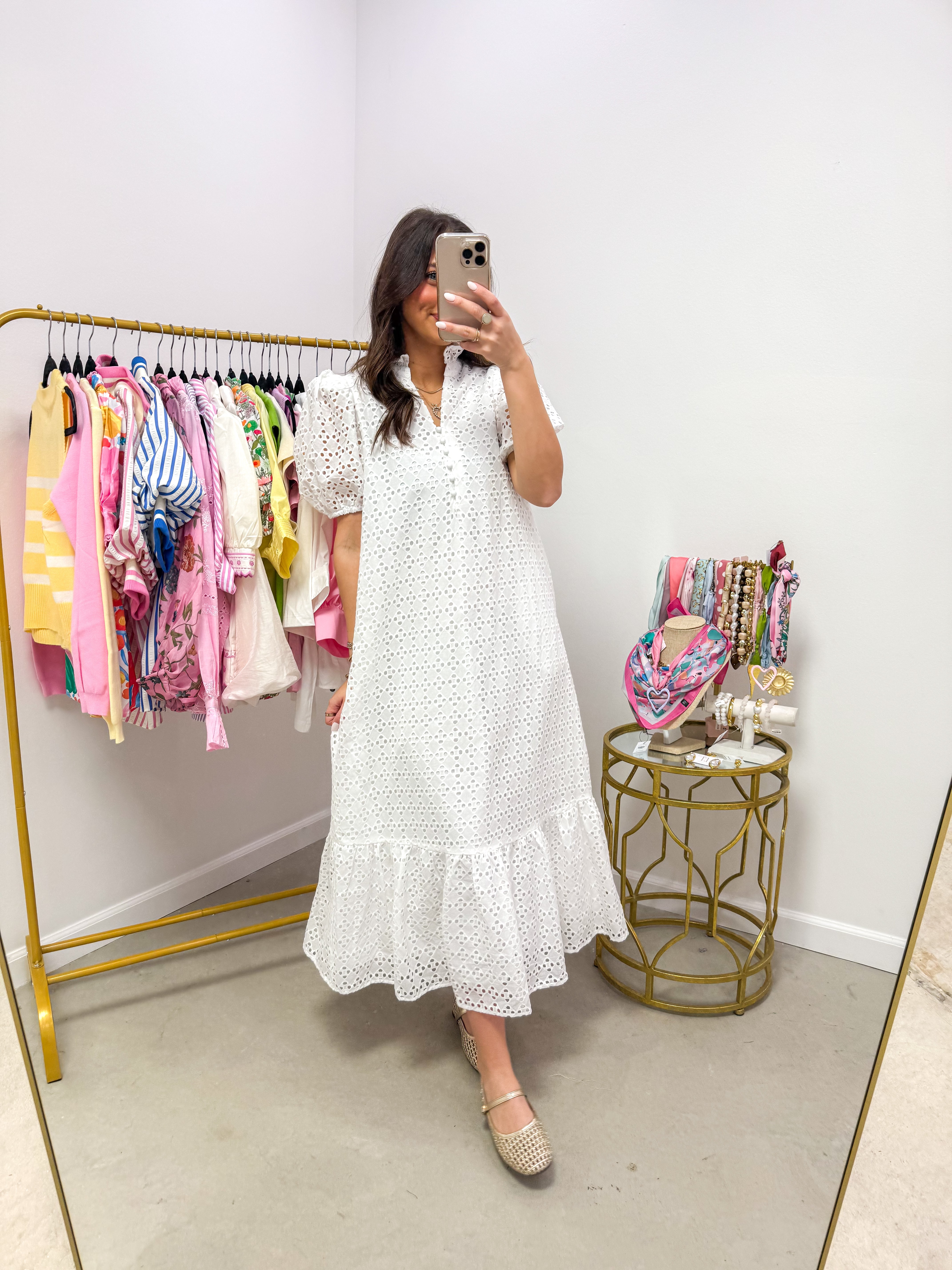 Evelyn Eyelet White Midi Dress