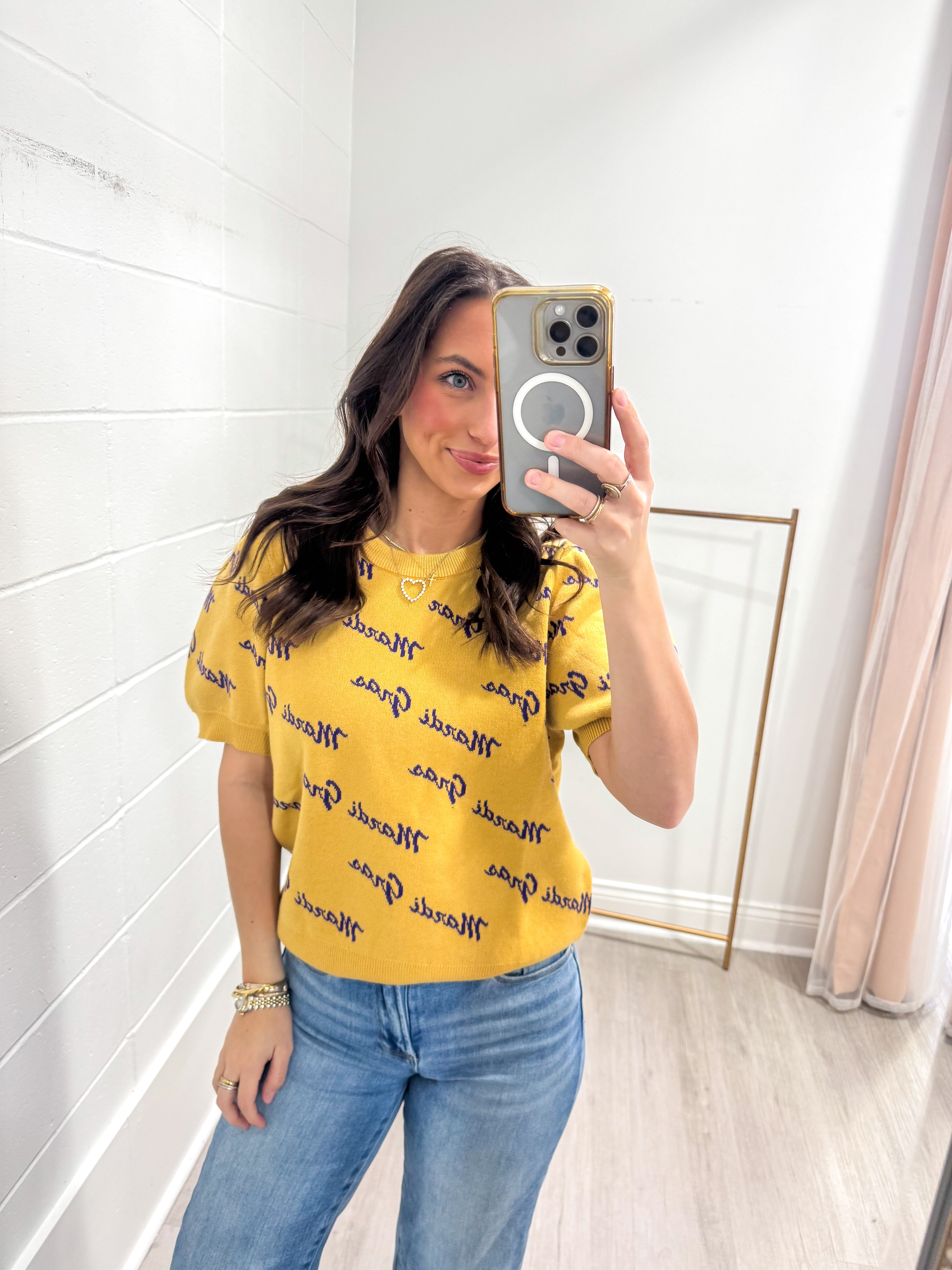 Mardi Gras Words Yellow Puff Sleeve Top
