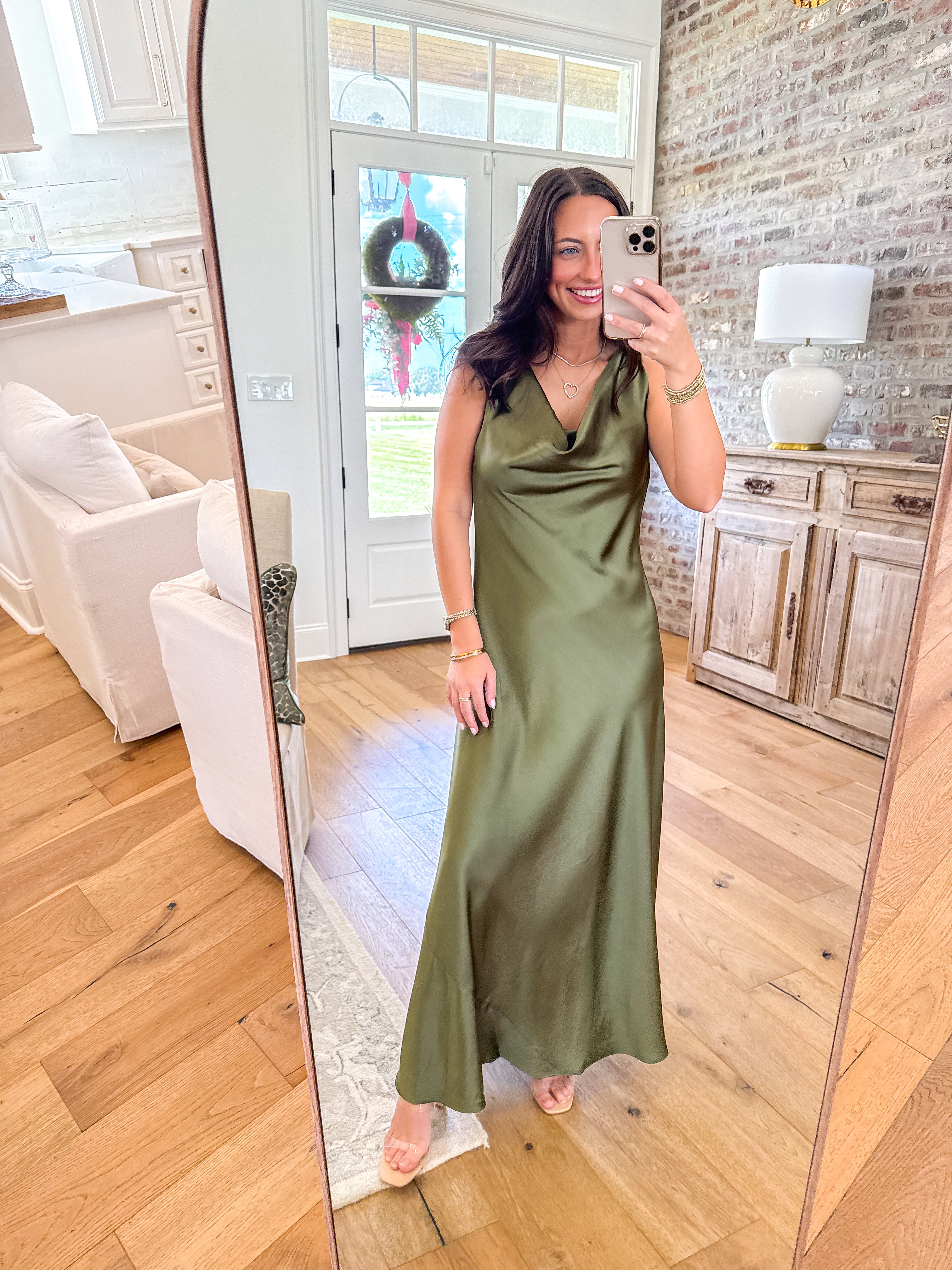 Olive Hour Satin Cowl Maxi Dress
