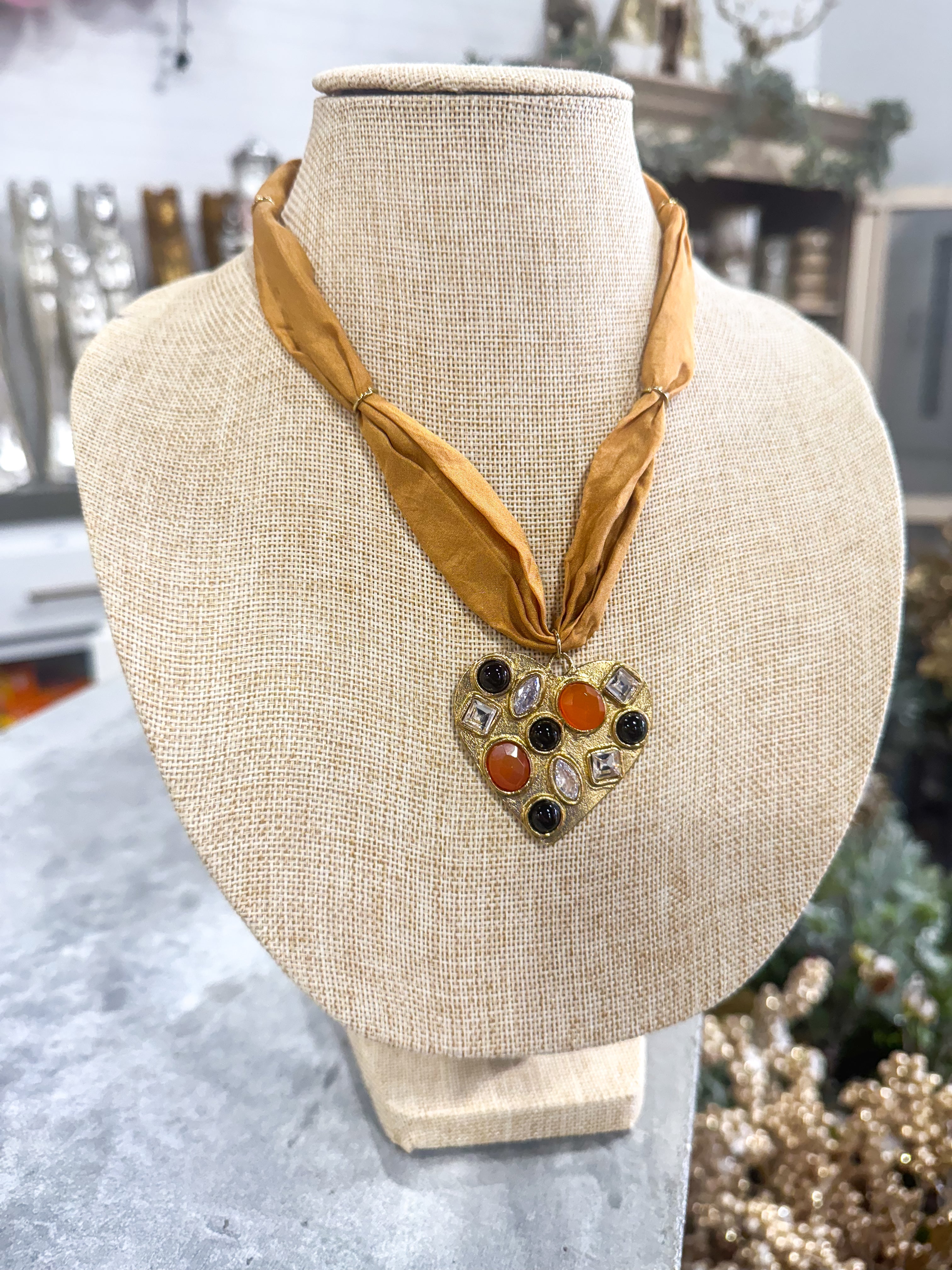 Camel Gemstone Heart Scarf Necklace