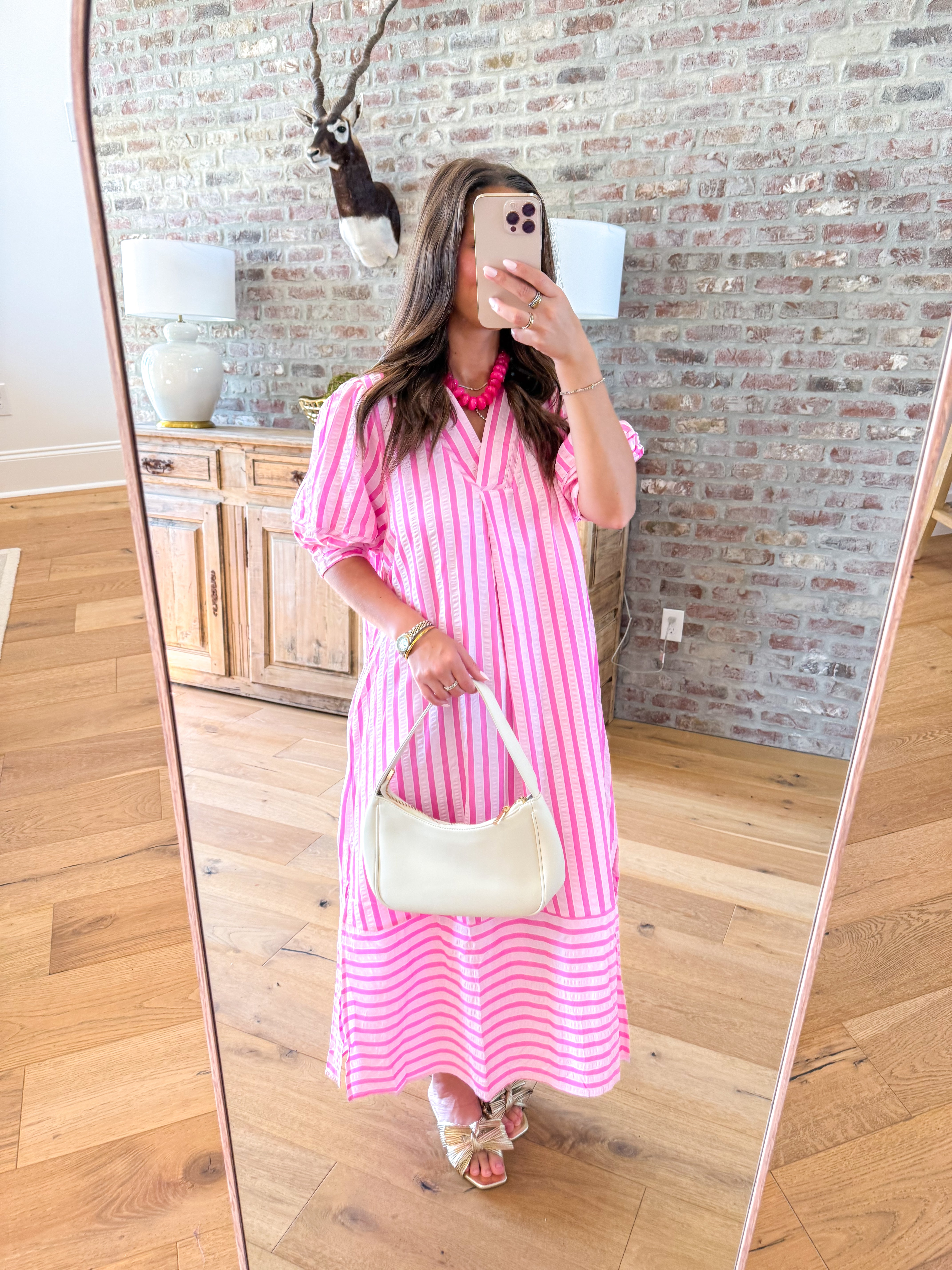 Coastal Stripe Puff Sleeve Midi Peony