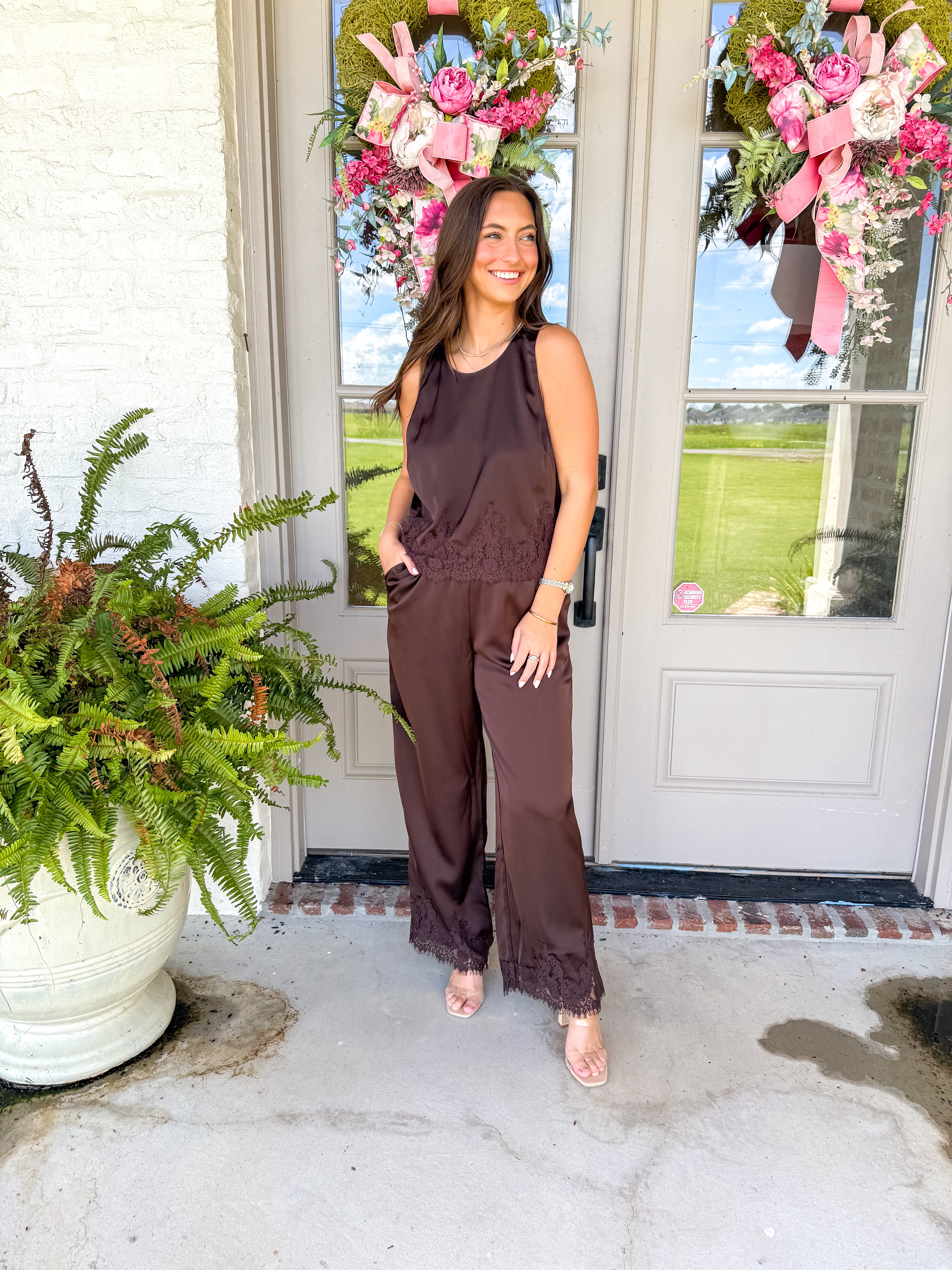Espresso Satin Lace-Trim Set