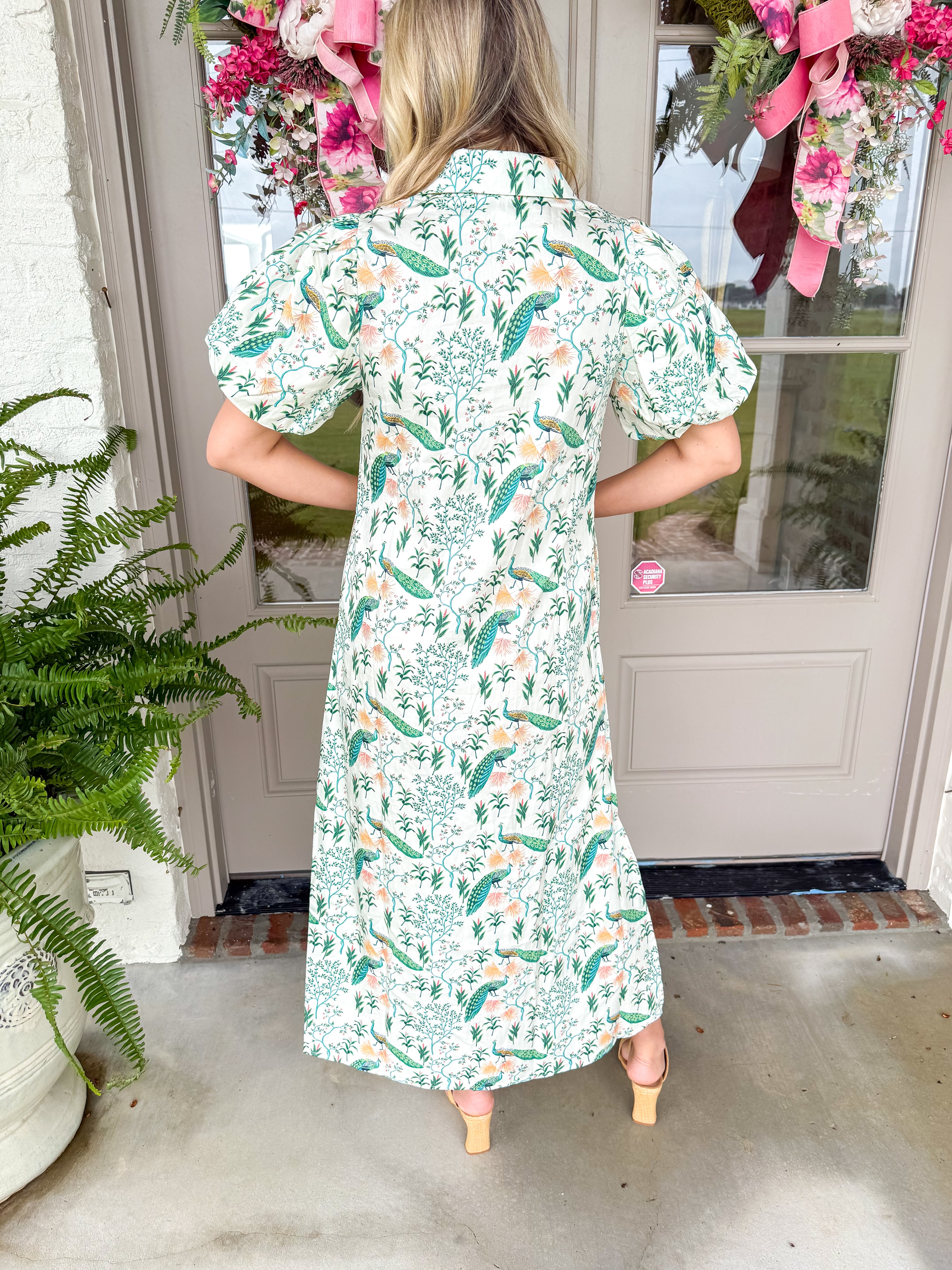 Peacock Print Puff Sleeve Midi