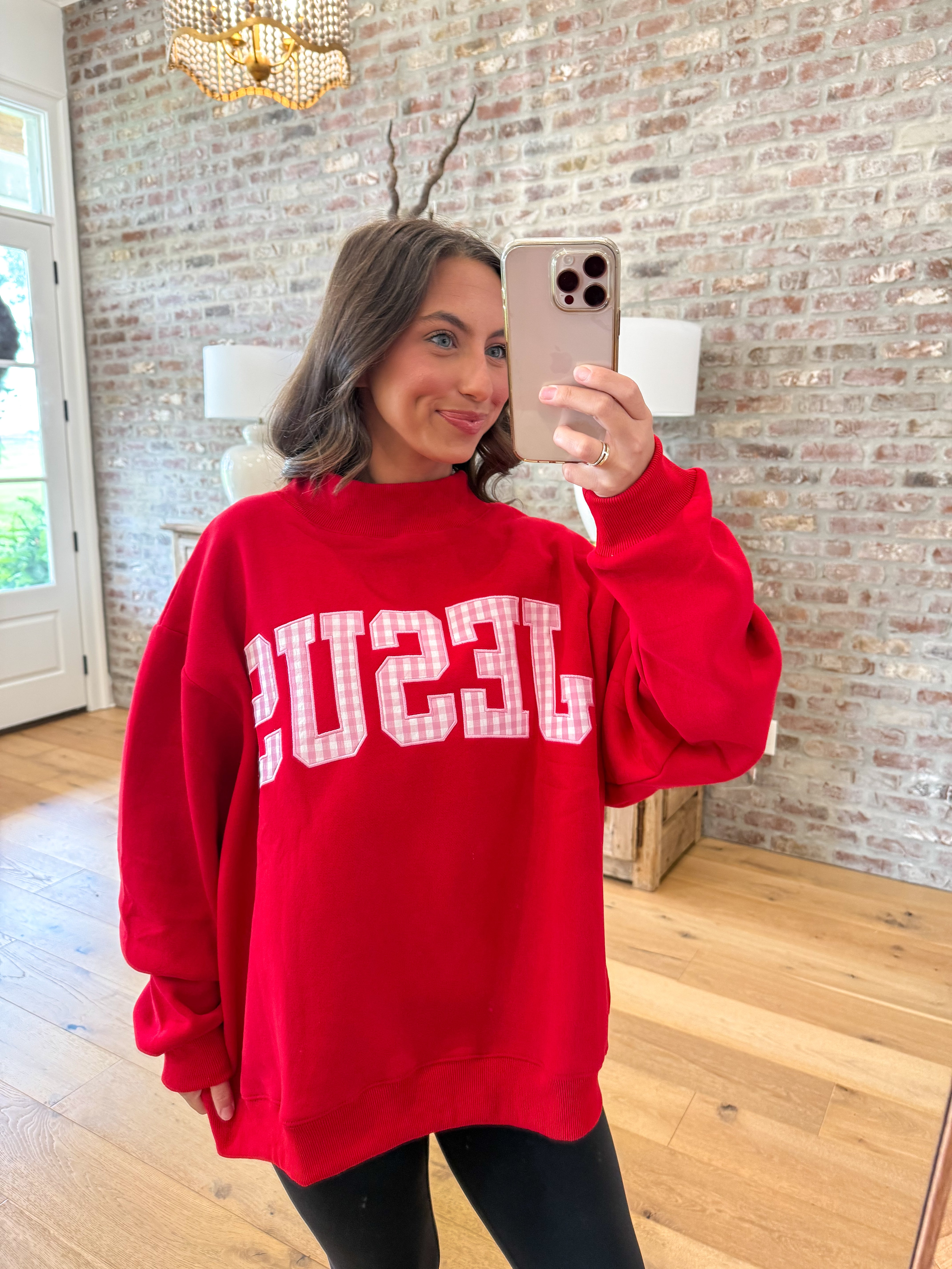 Gingham Jesus Mock Neck Sweatshirt in Red