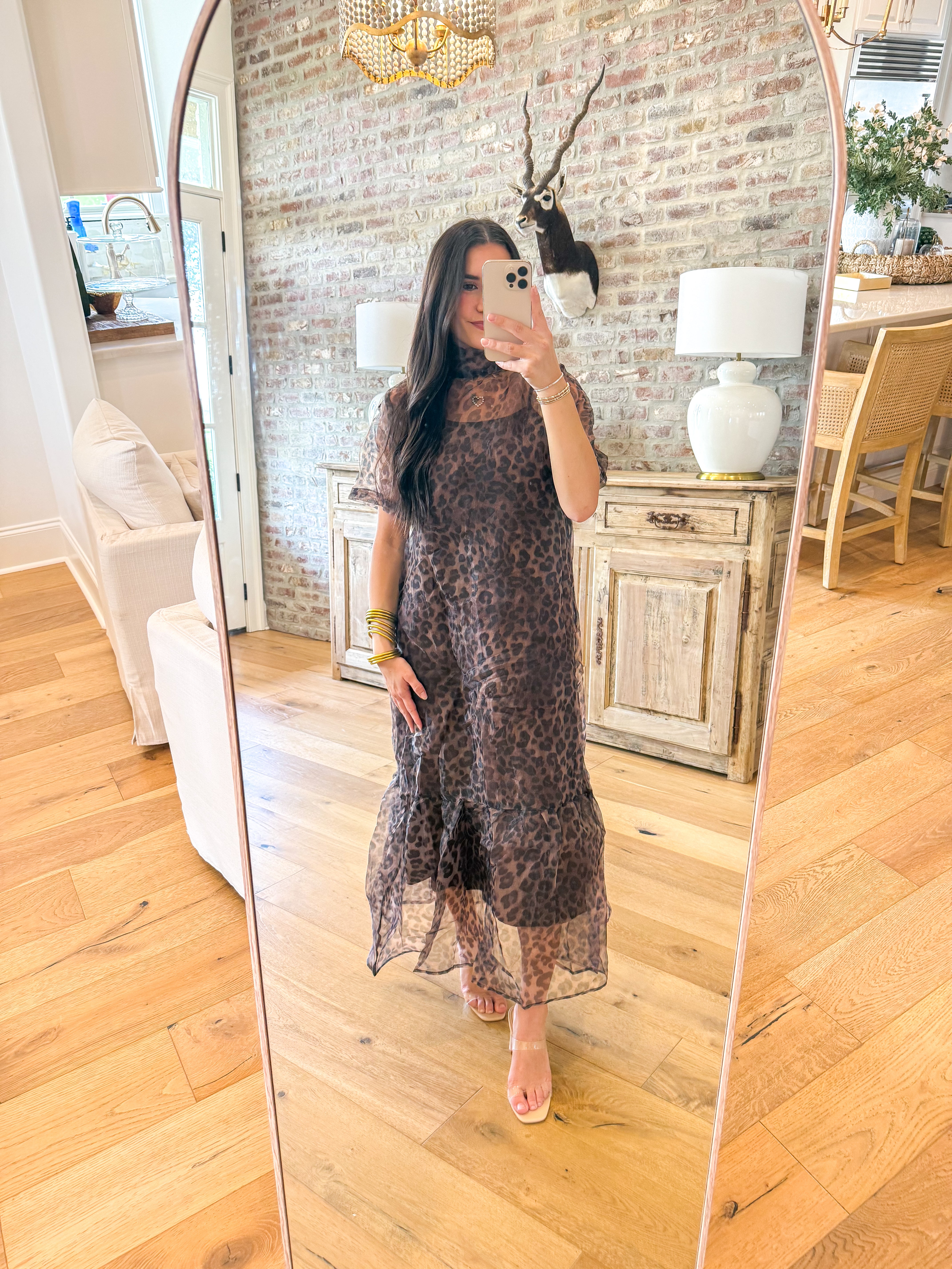Leopard Organza Scarf-Tie Midi Dress