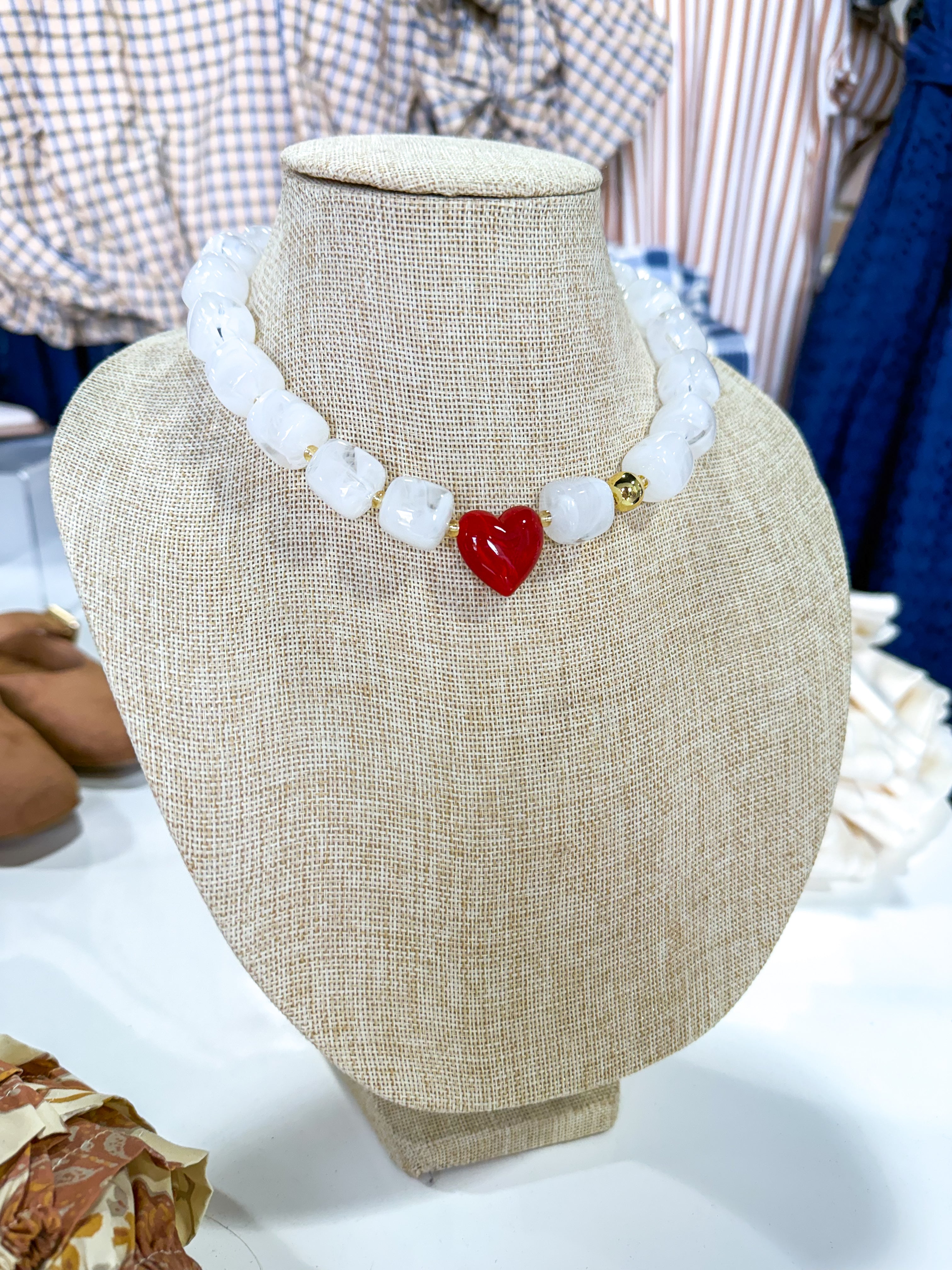 Clear Beaded Red Heart Necklace