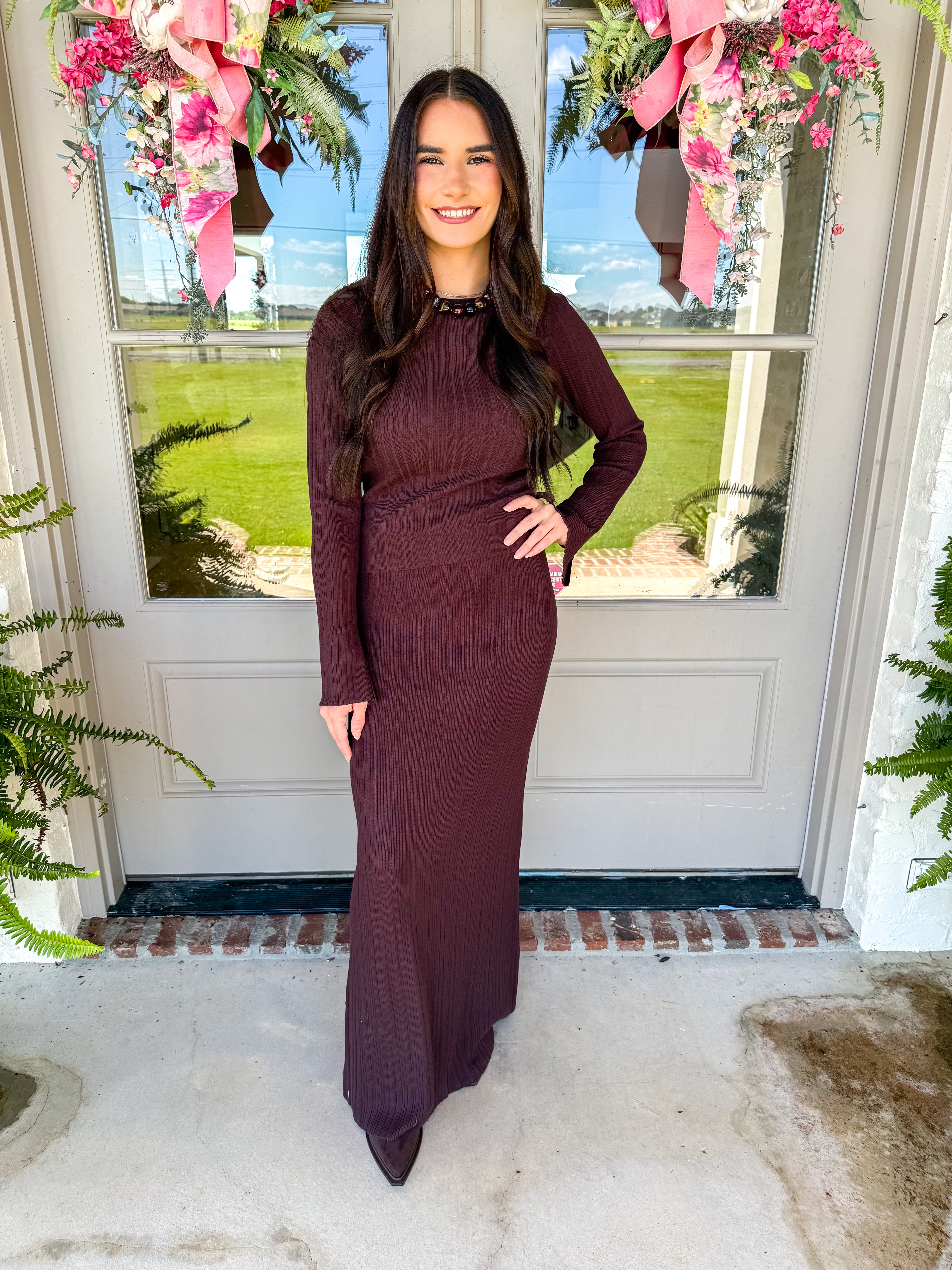 Drea Rib Knit Chocolate Skirt Set