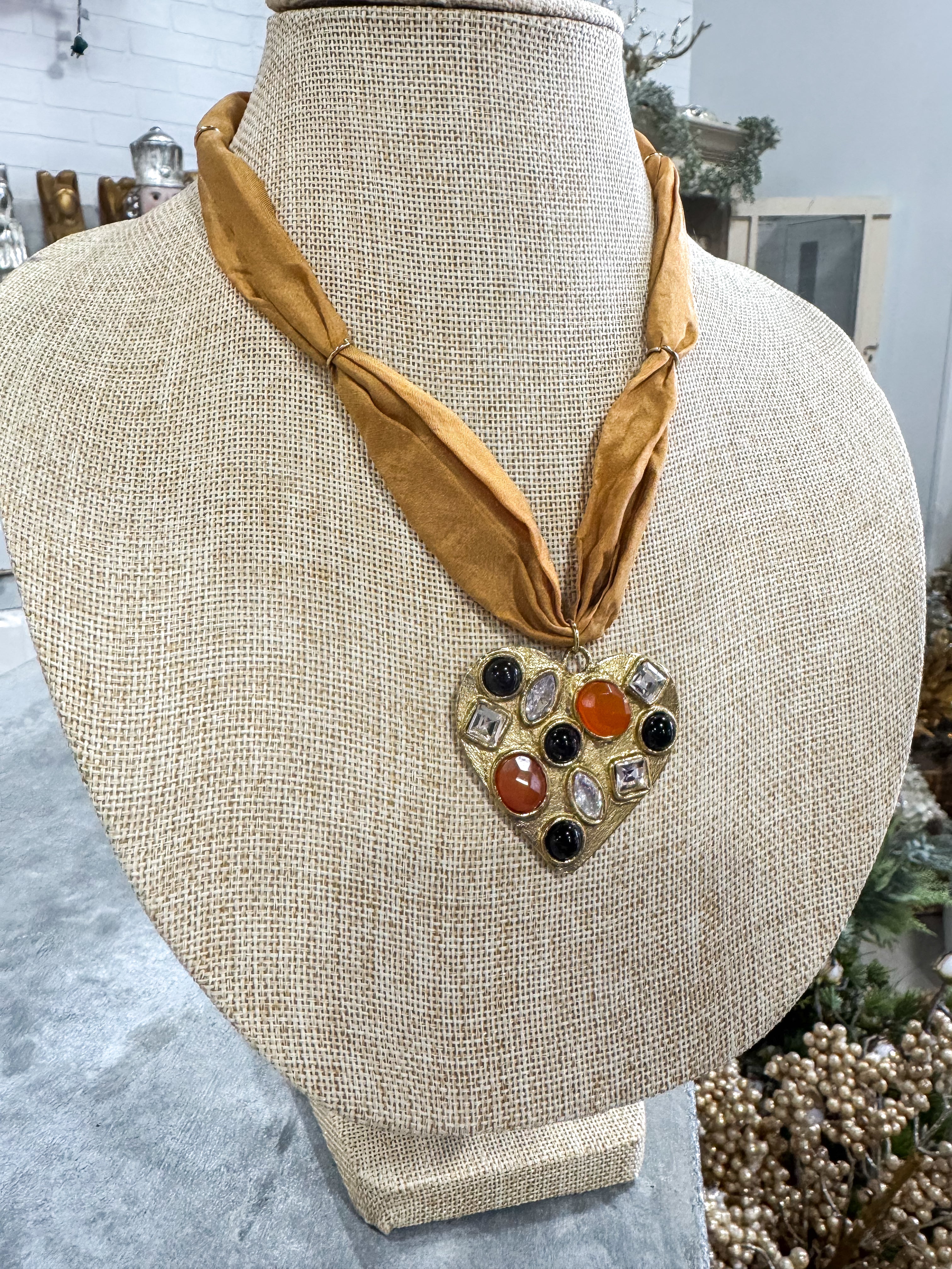 Camel Gemstone Heart Scarf Necklace