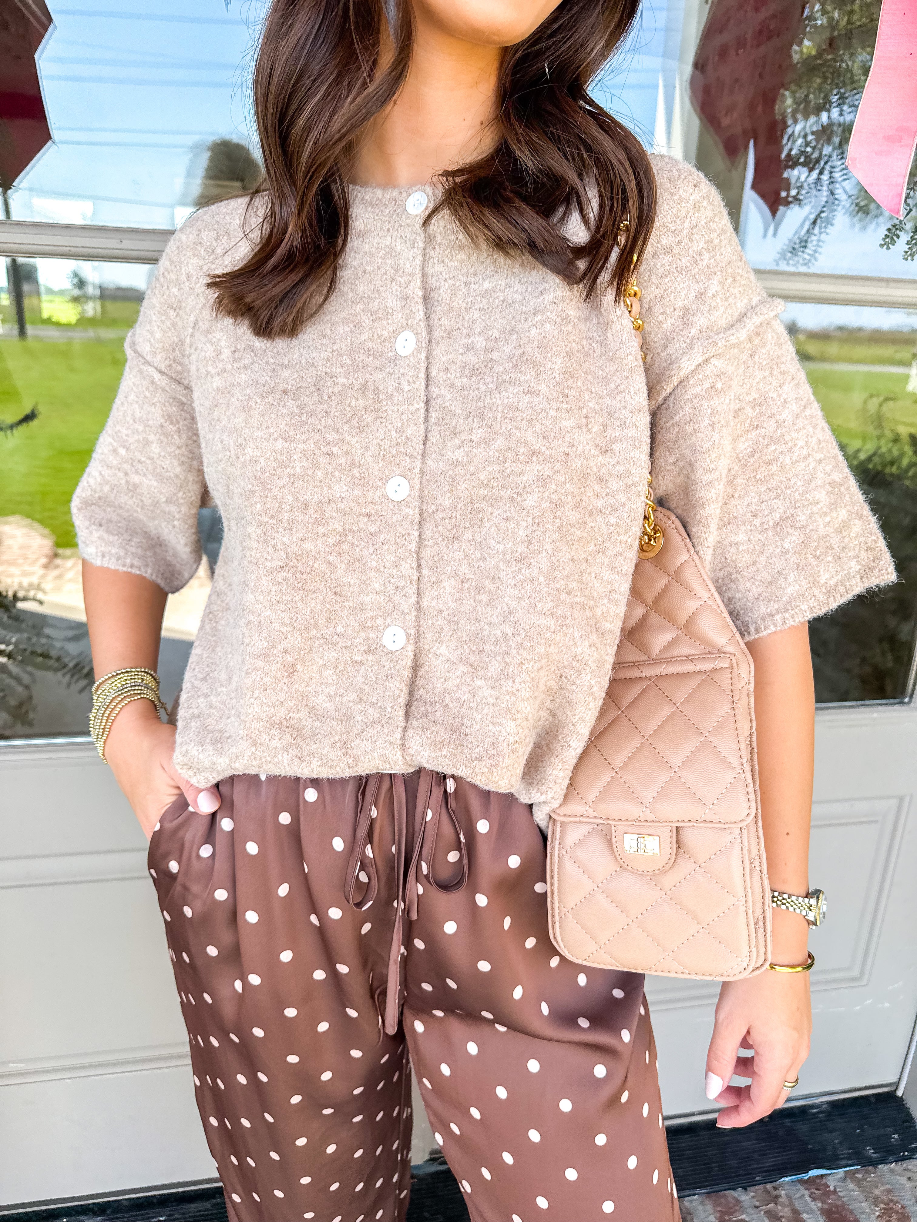 The Everyday Ease Button-Front Knit Top Taupe