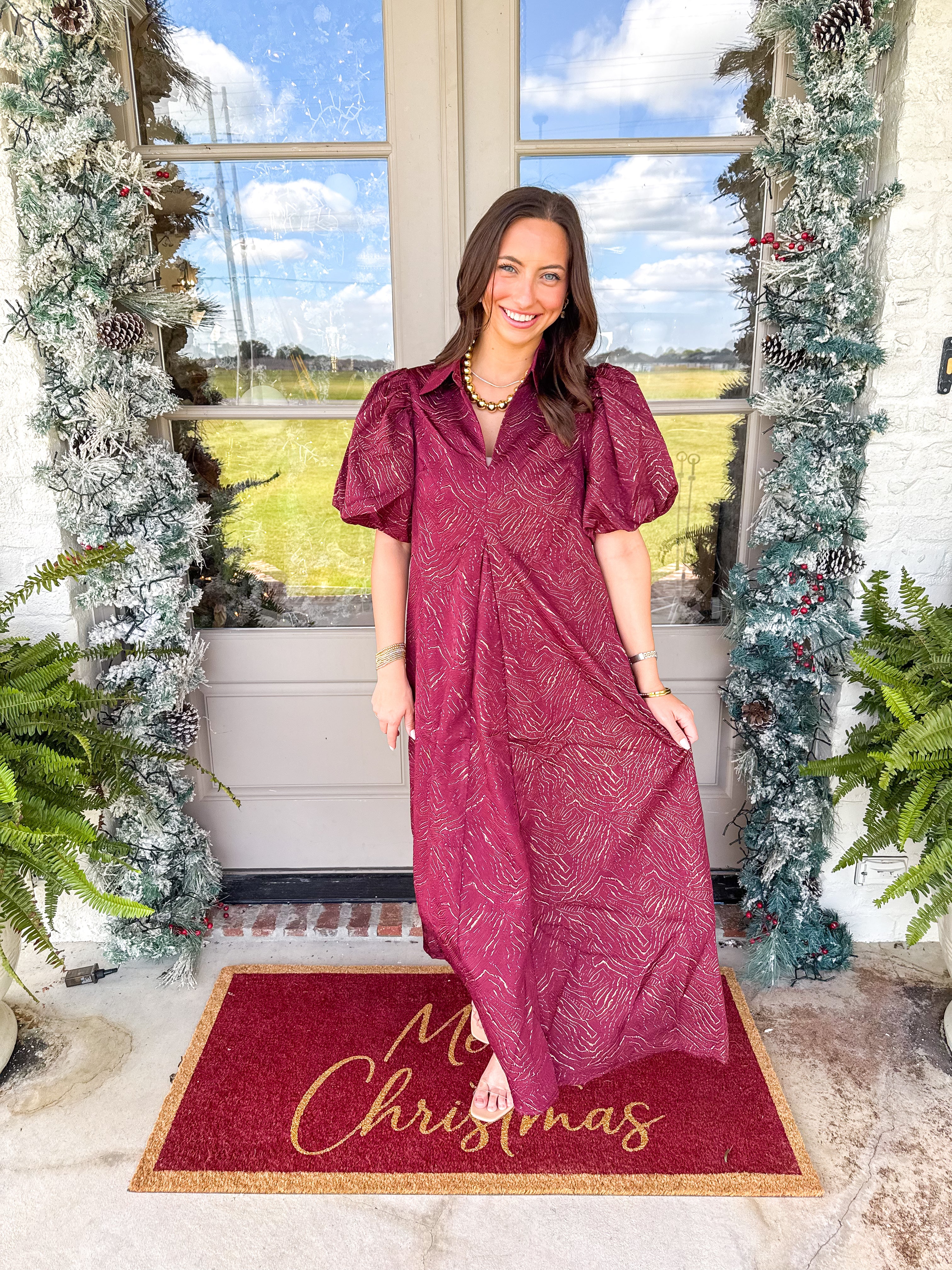 The Burgundy Lurex Puff Sleeve Midi Dress