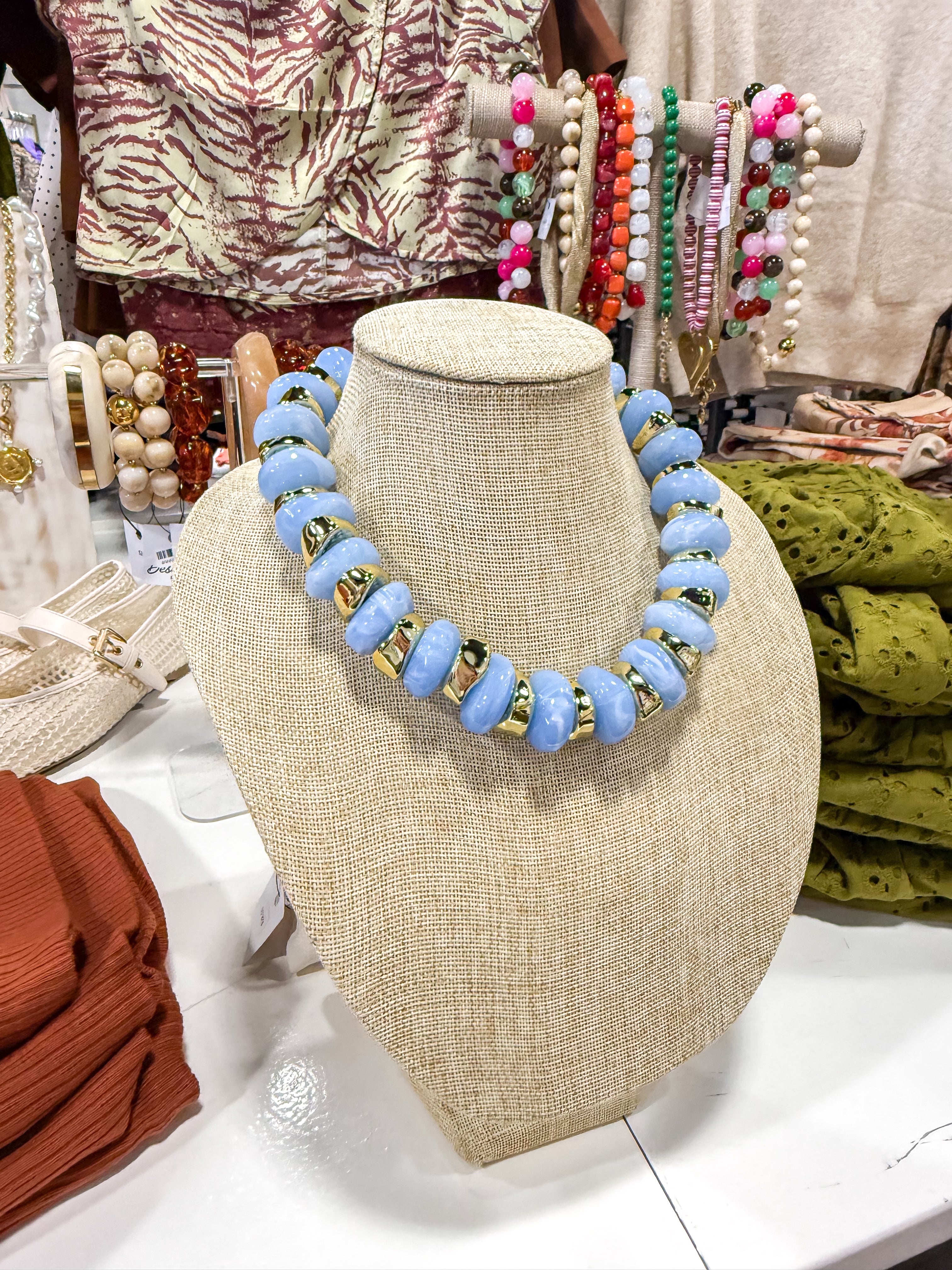 Chunky Baby Blue Bead & Gold Necklace