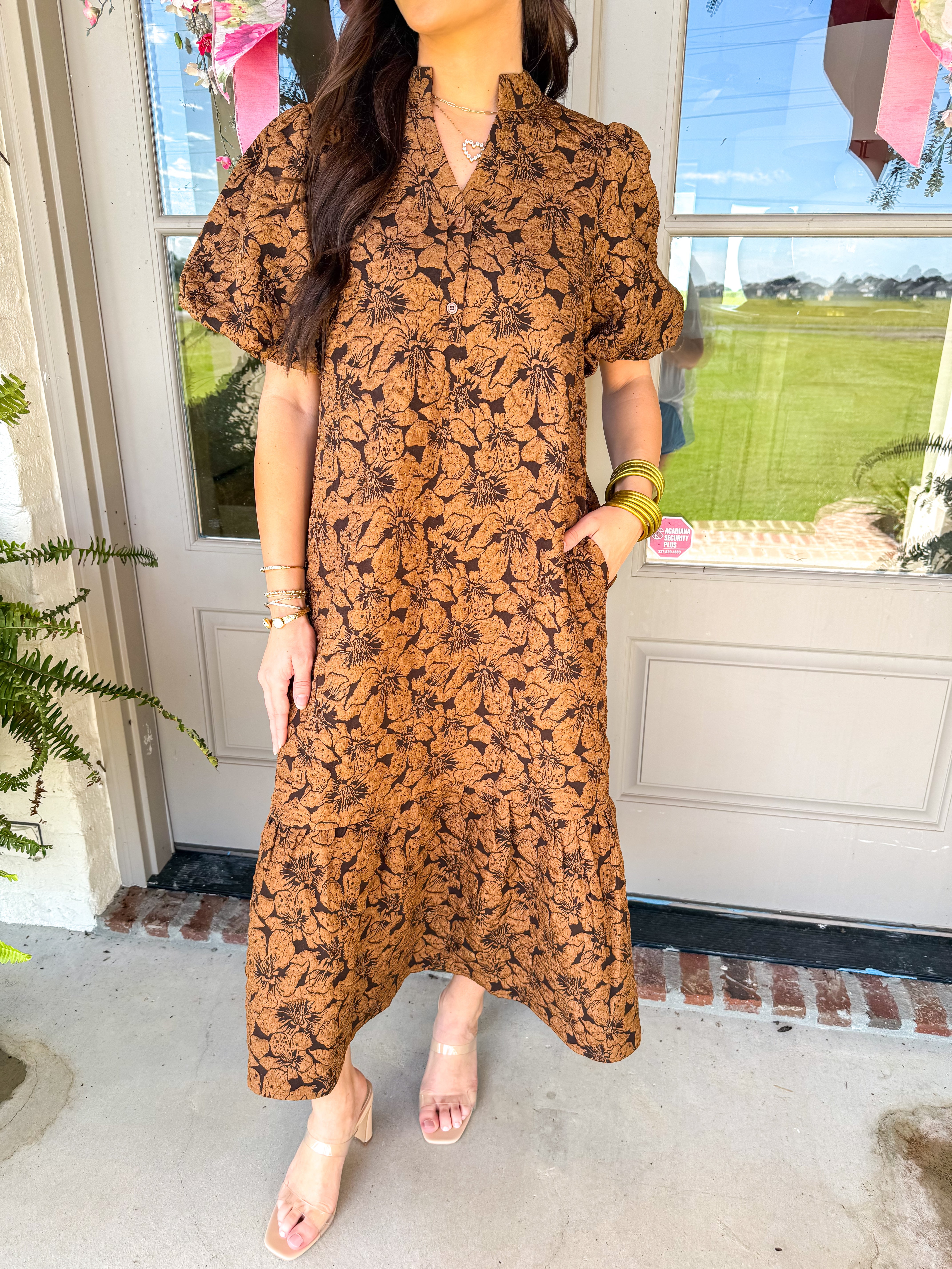 Brown Bloom Jacquard Midi Dress