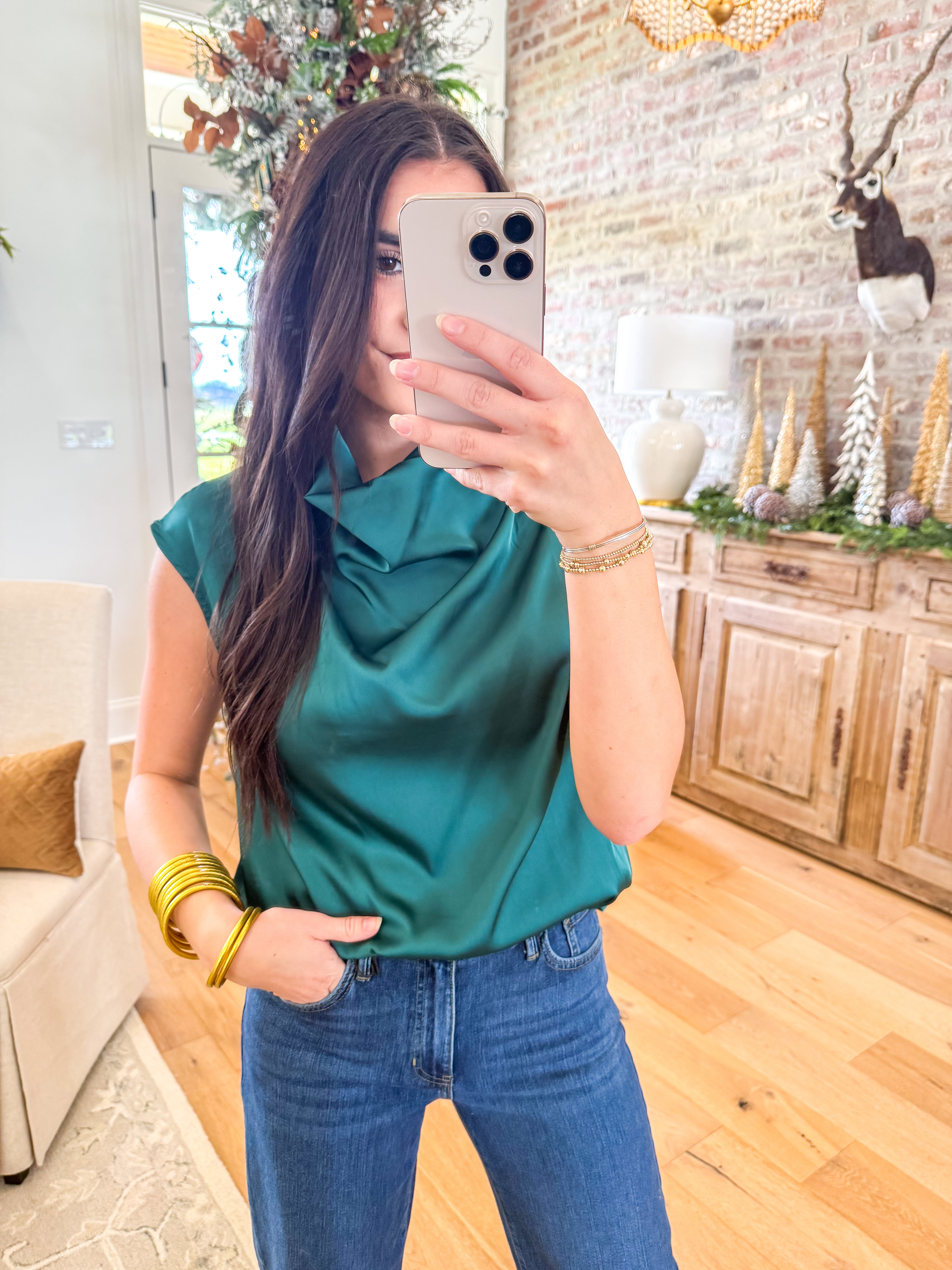 Emerald Satin Cowl Neck Top