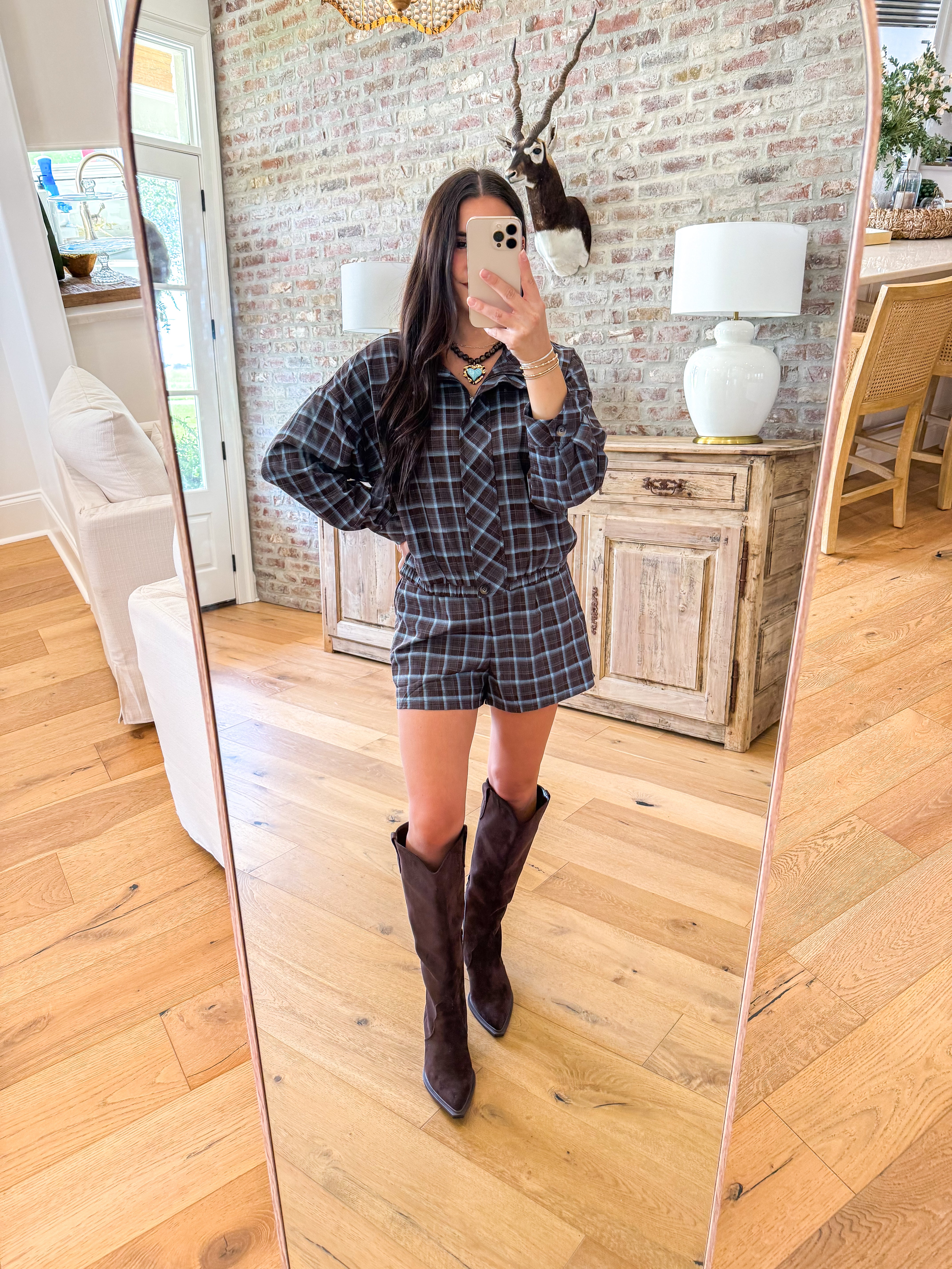 Baby Blue/Brown Plaid Zip-Up Shacket
