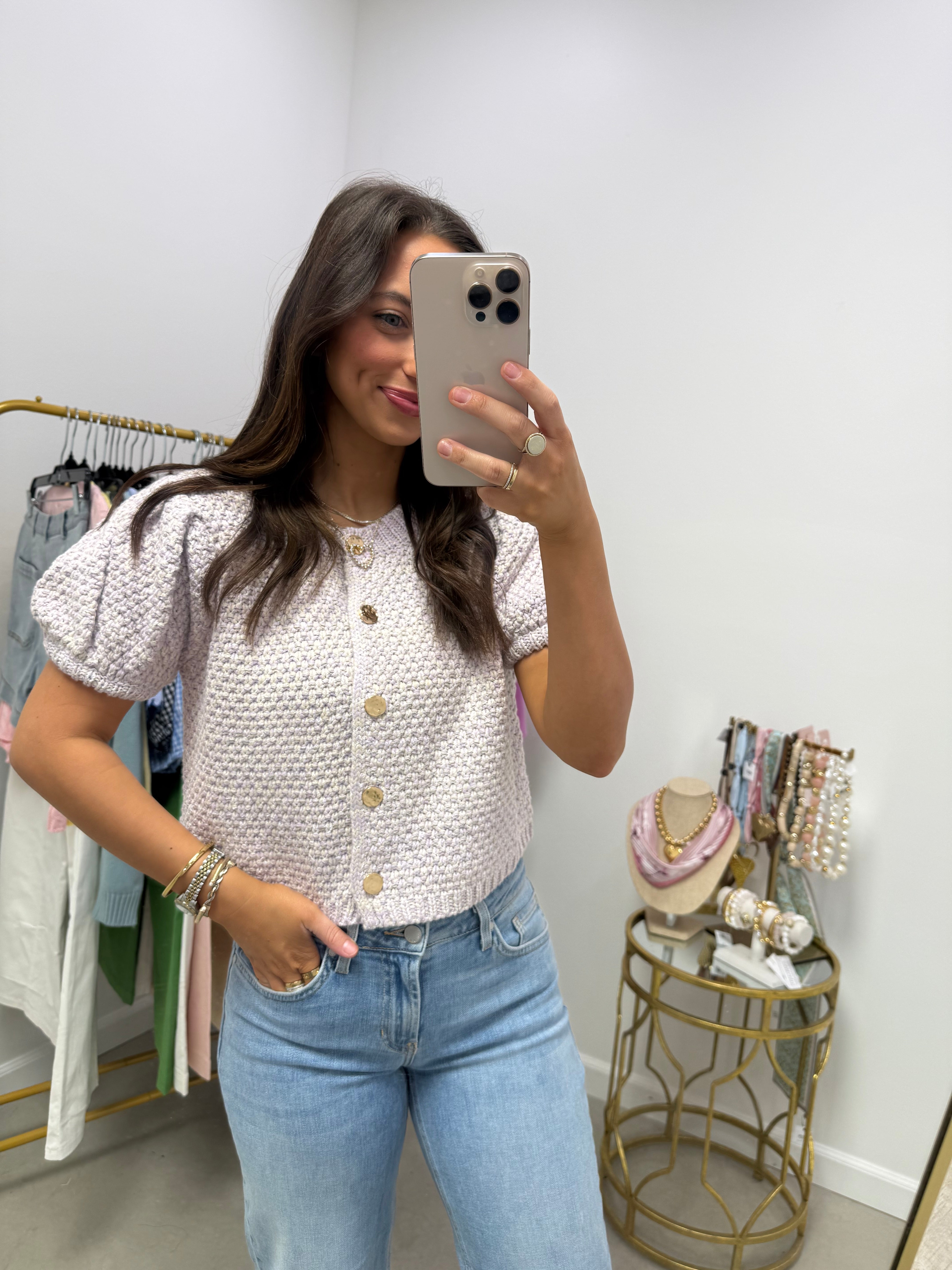 Karlie Knit Lavender Puff Sleeve Cardigan