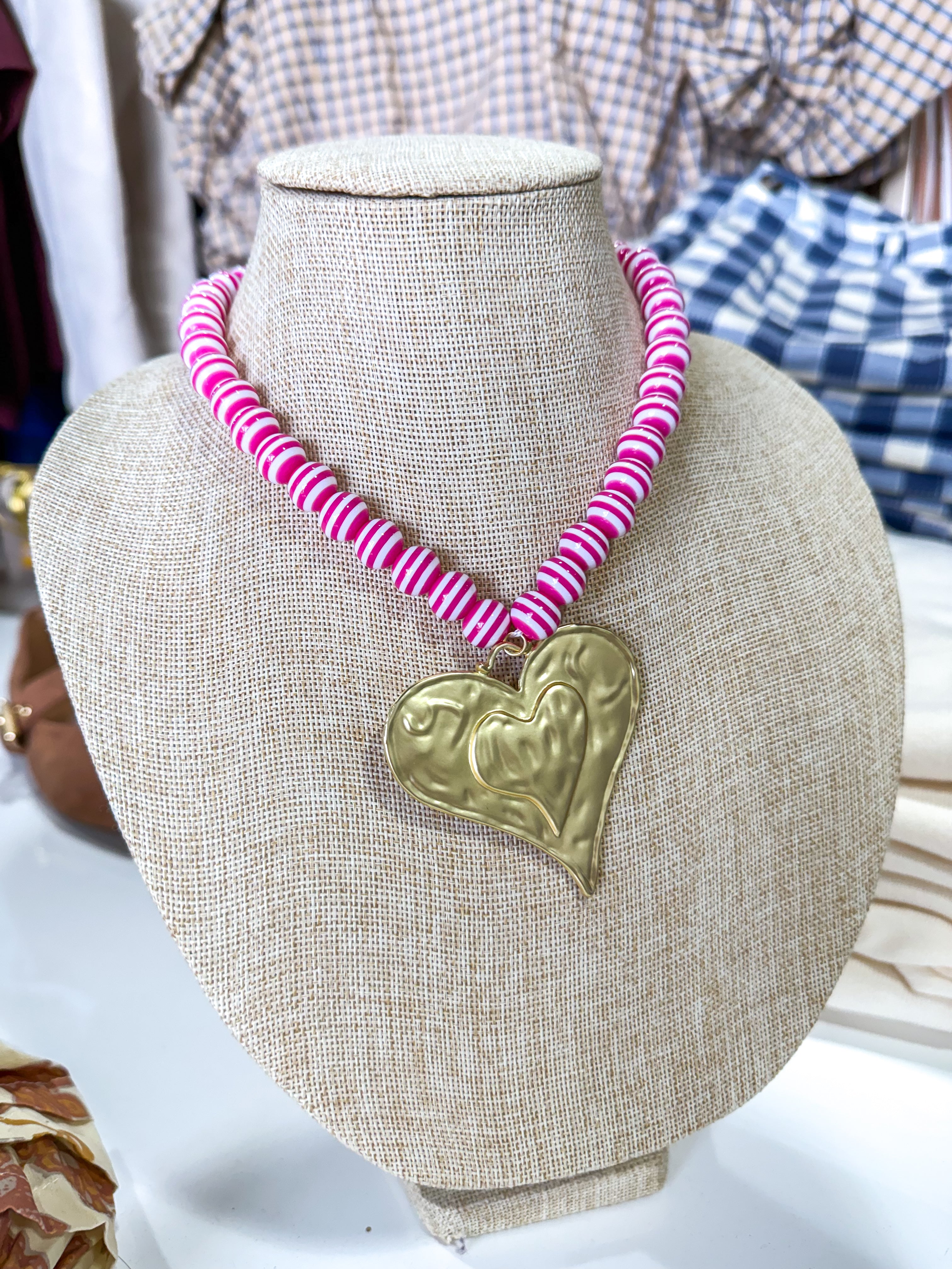 Pink/White Striped Large Heart Beaded Necklace