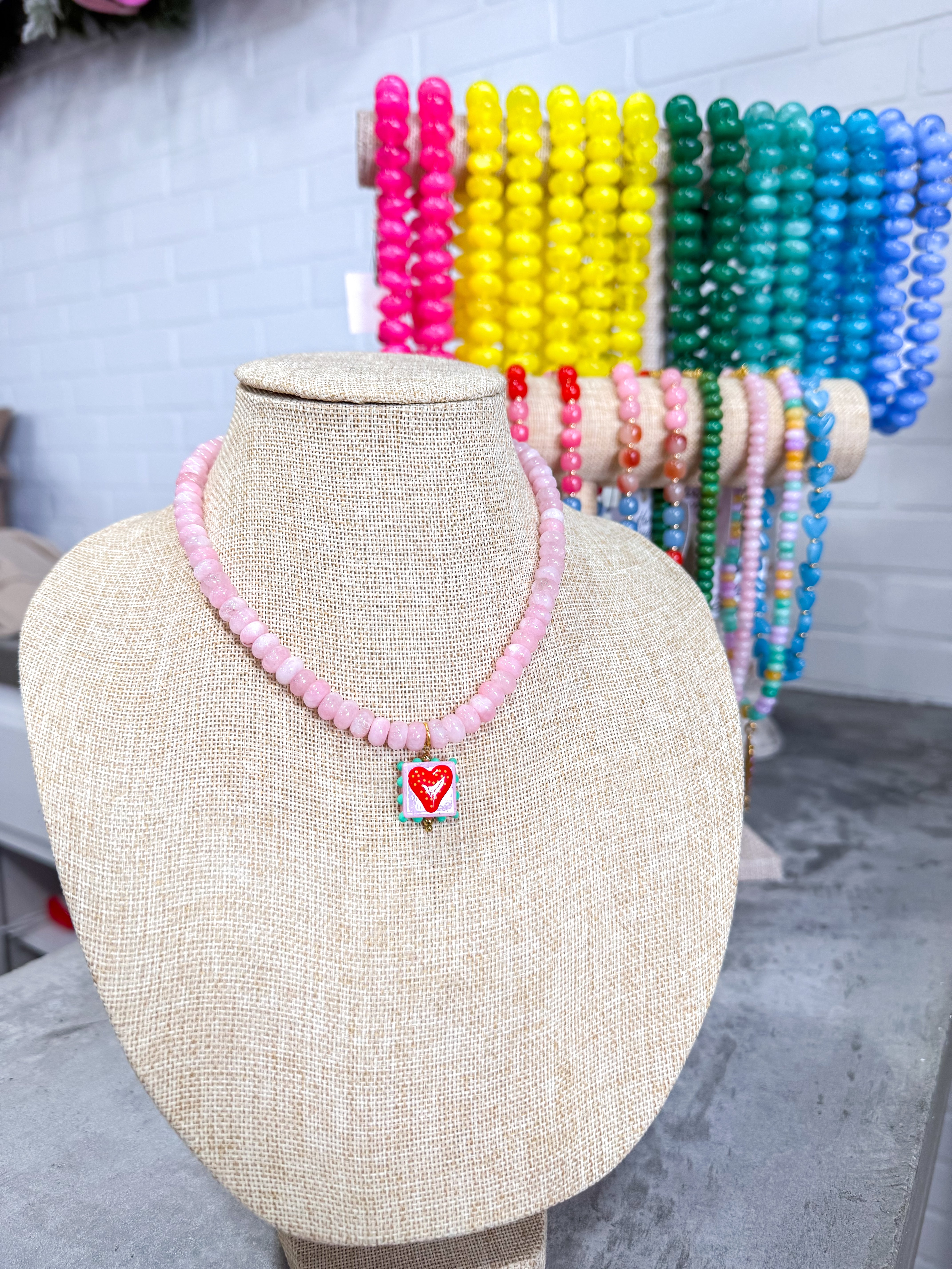 Pink Beaded Heart Gem Necklace