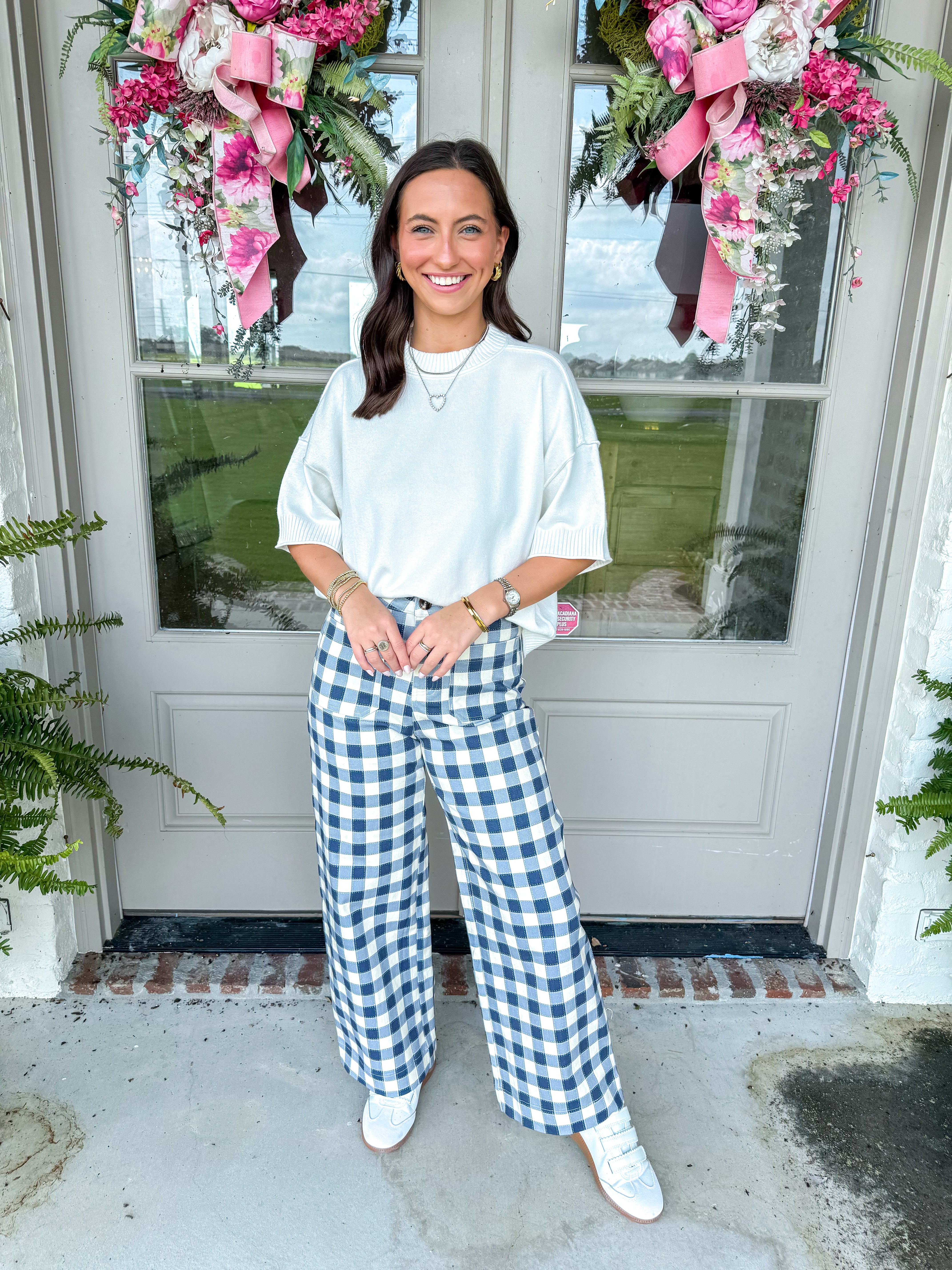 Navy Gingham Wide-Leg Pants
