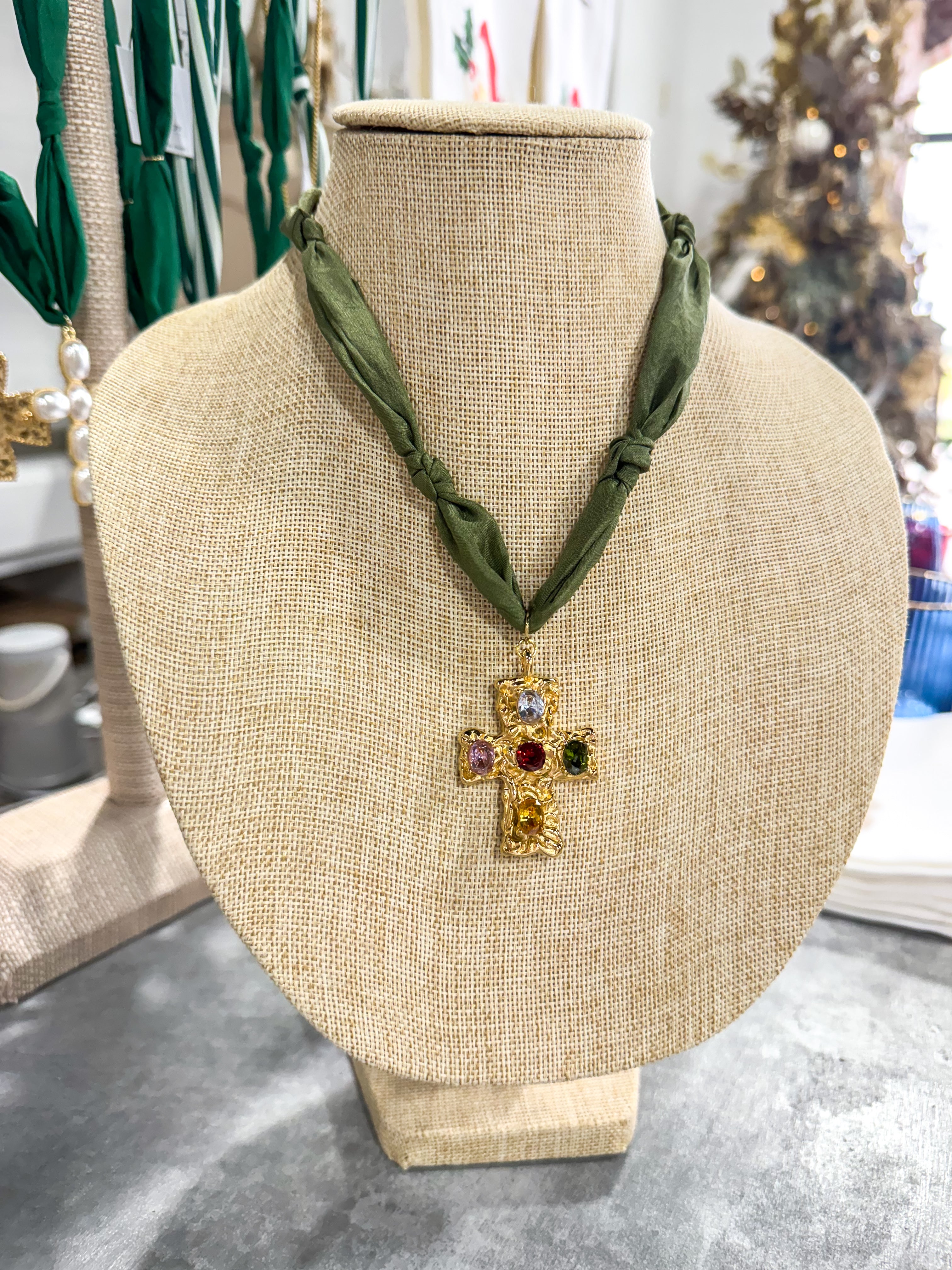 Olive Colorful Cross Scarf Necklace