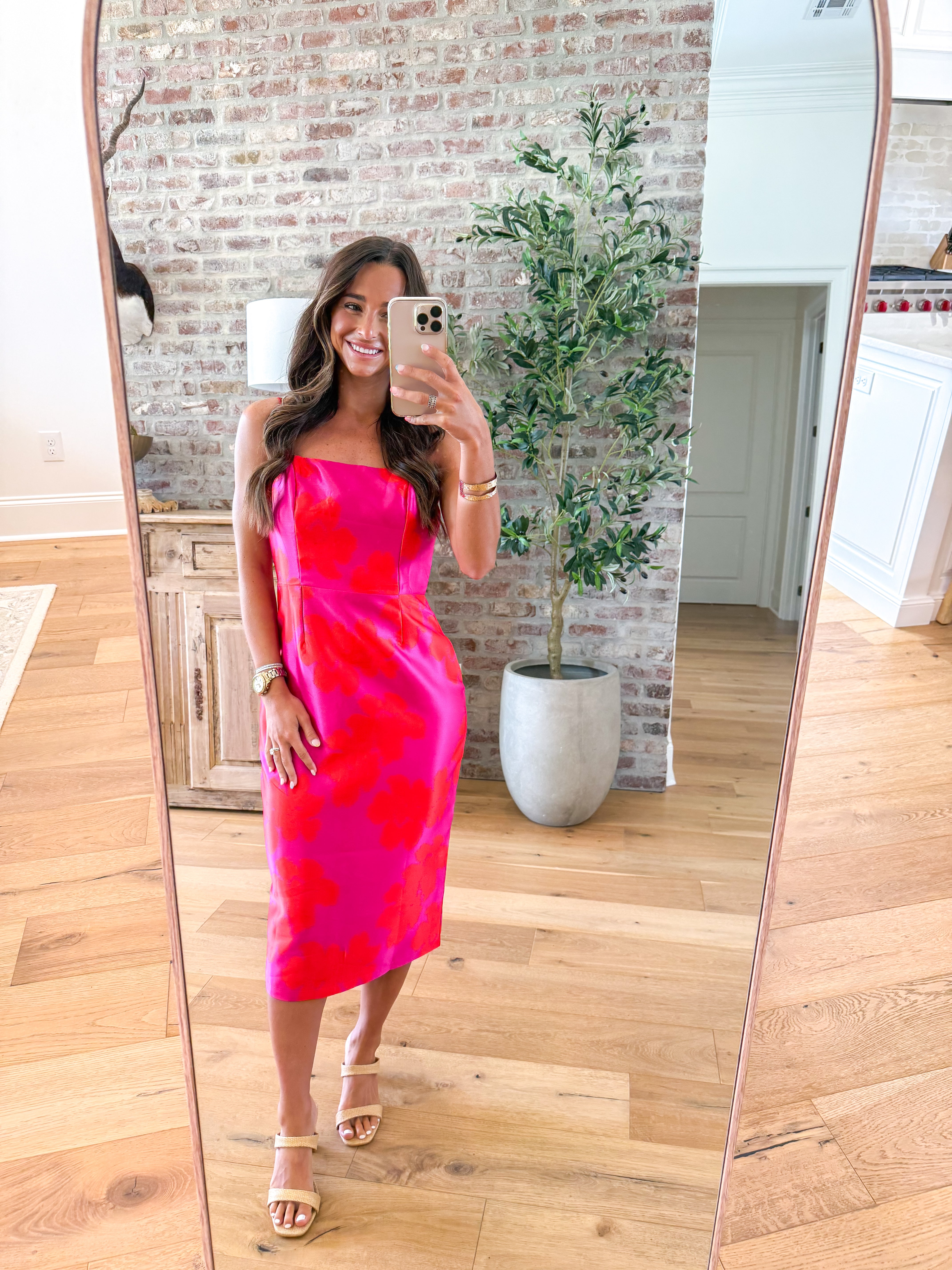 Fuchsia Garden Floral Satin Midi Dress