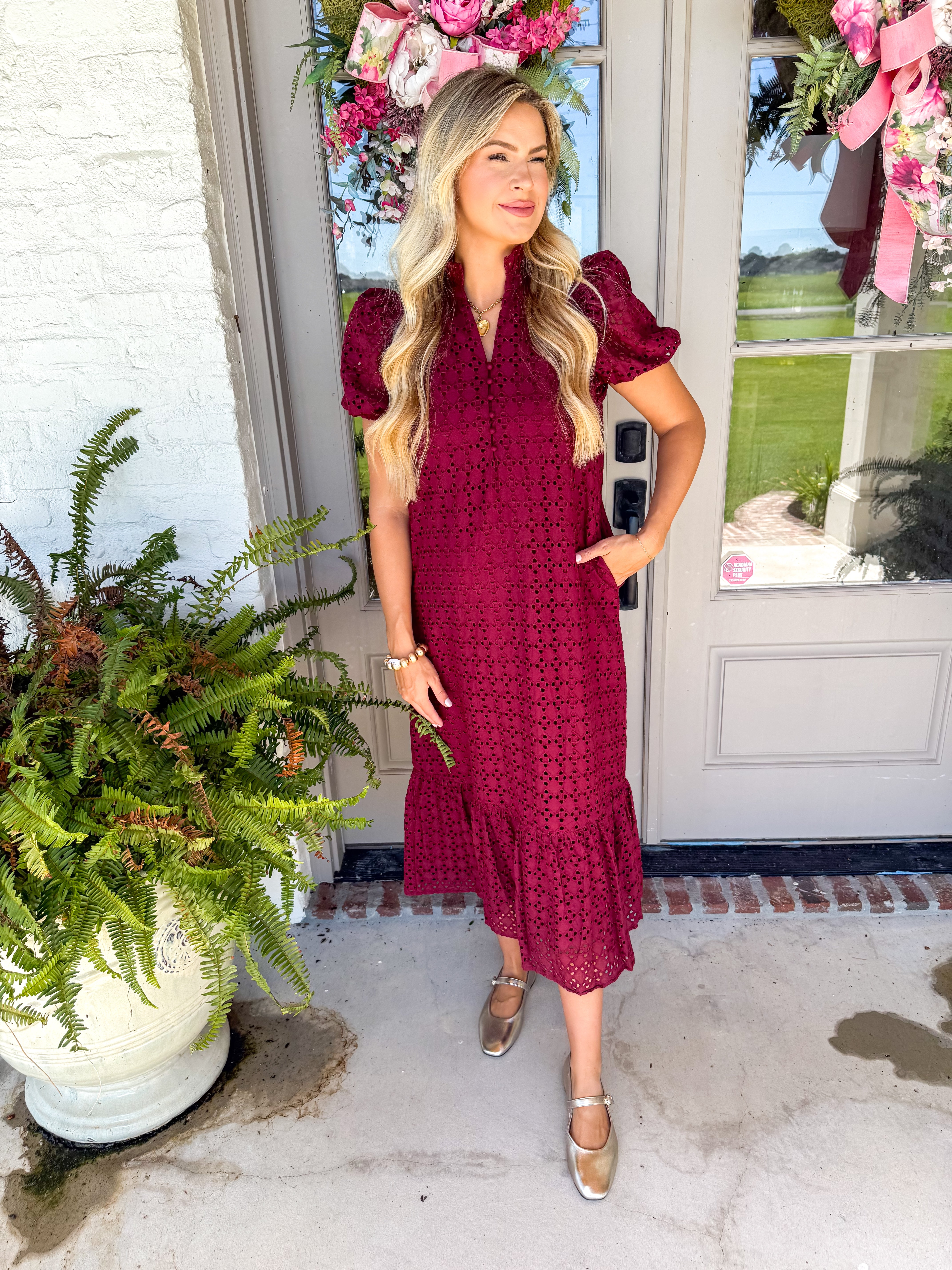 Evelyn Eyelet Midi Dress Burgundy