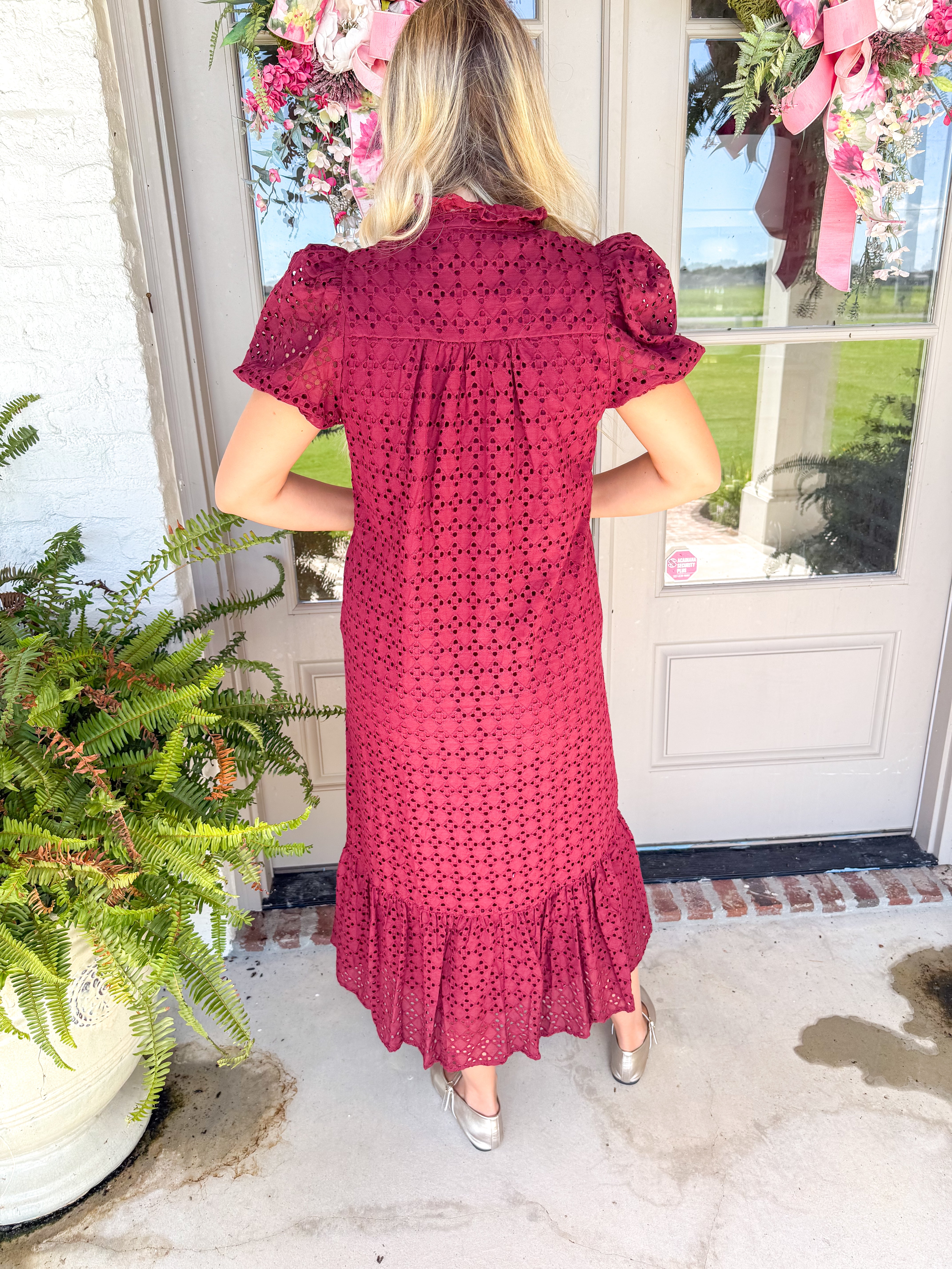 Evelyn Eyelet Midi Dress Burgundy