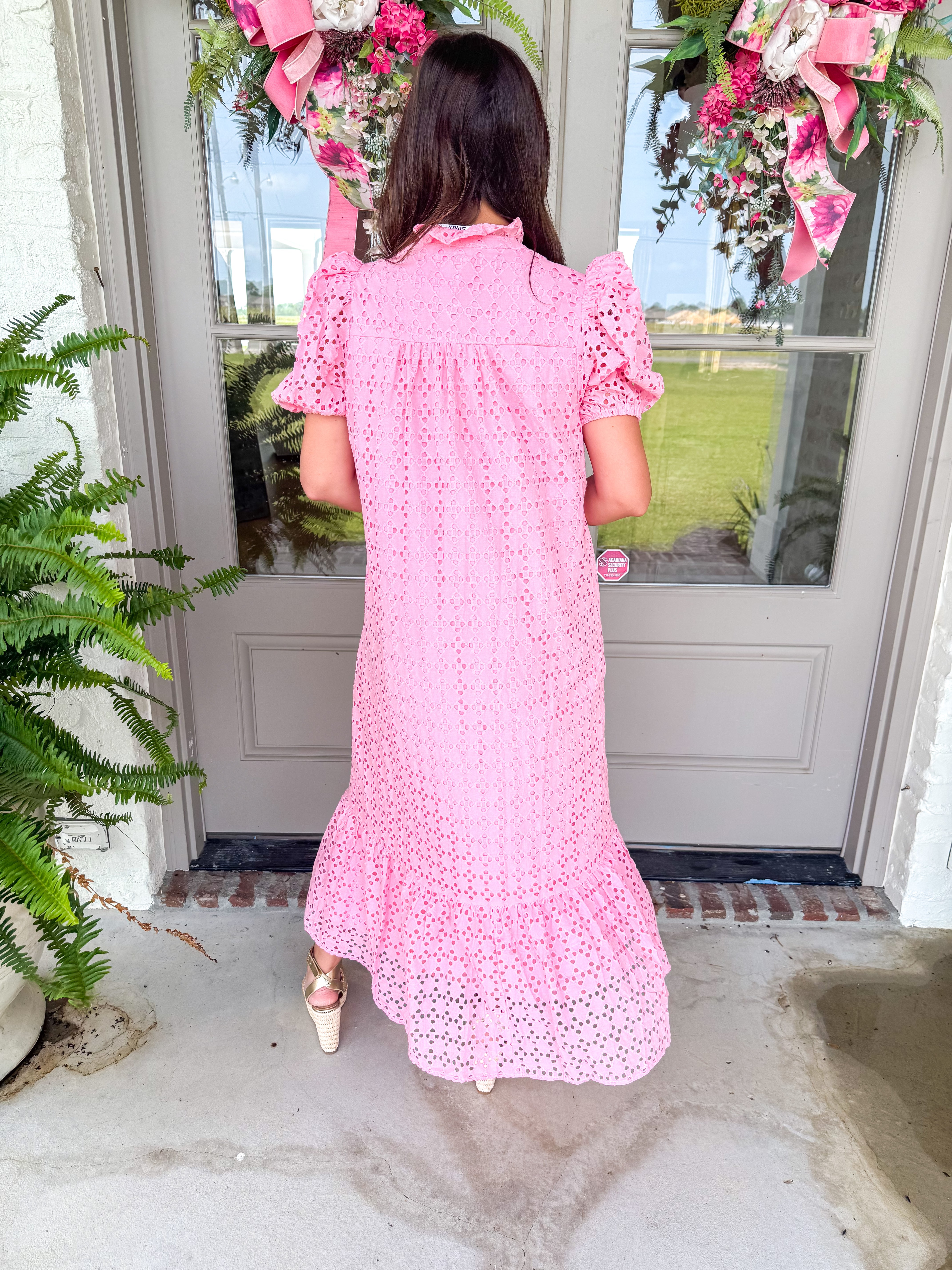 Evelyn Pink Eyelet Midi Dress