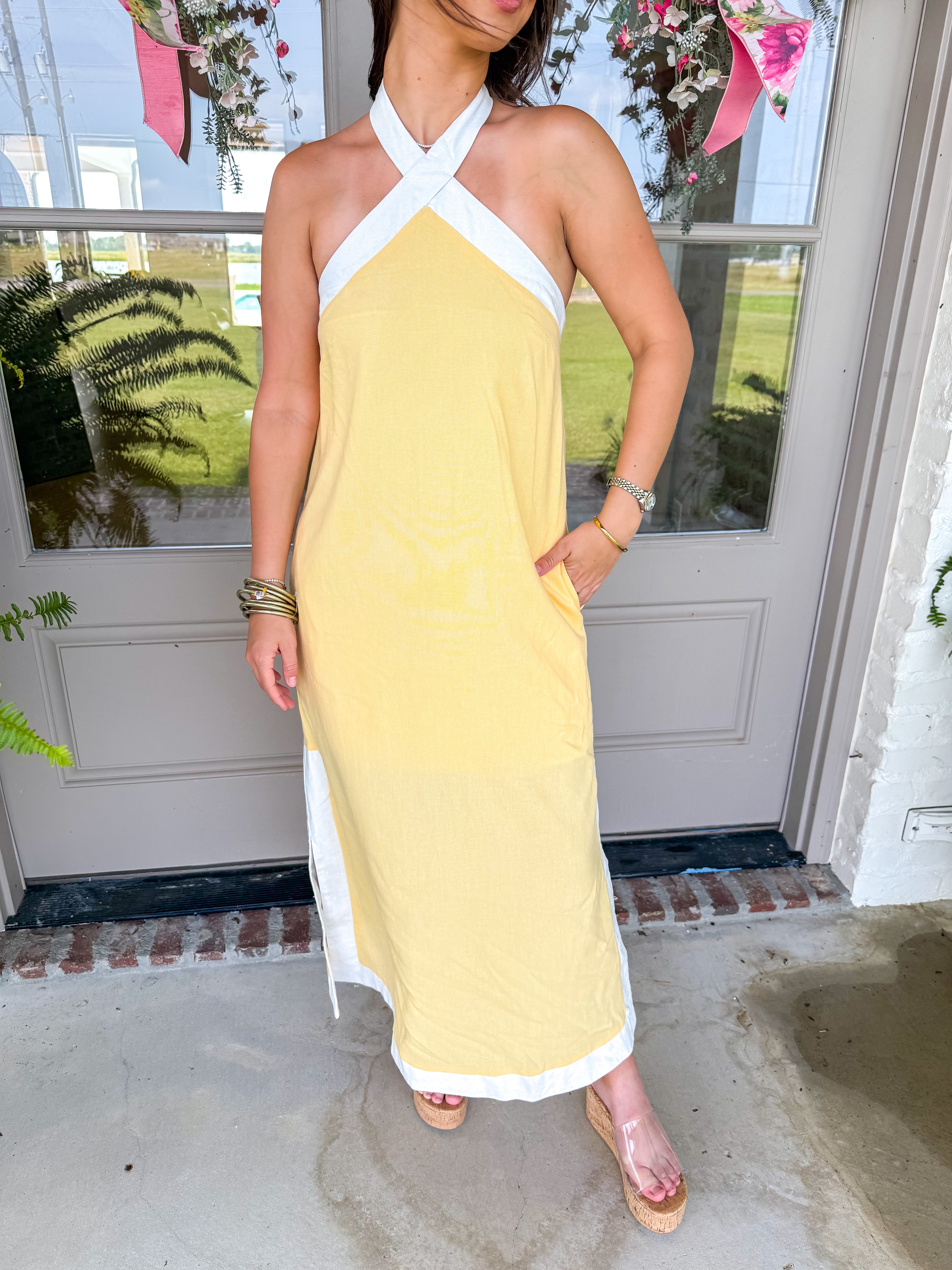 Sunshine & Shadow Halter Midi Yellow