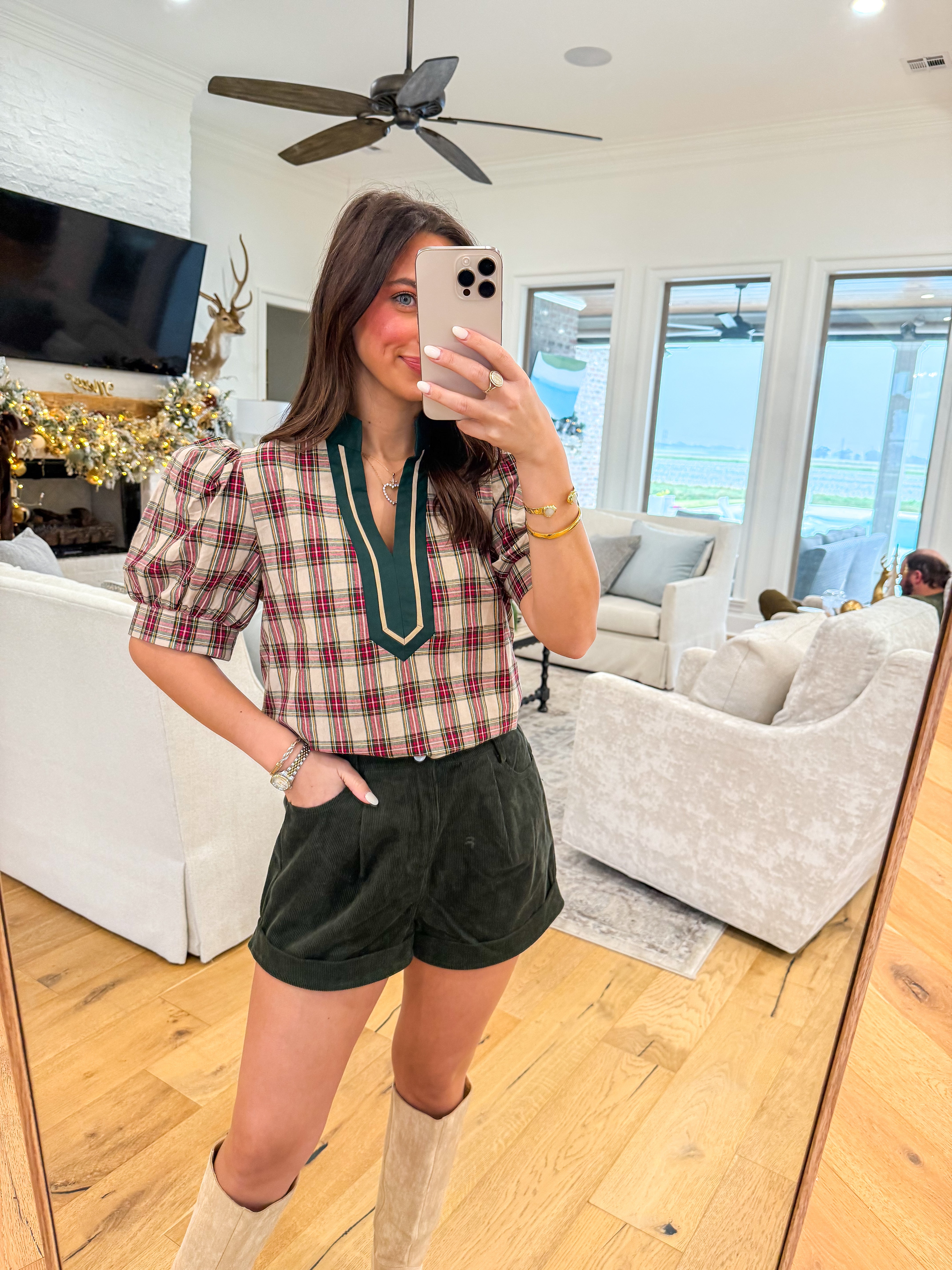 Holiday Hearth Taupe Plaid Blouse