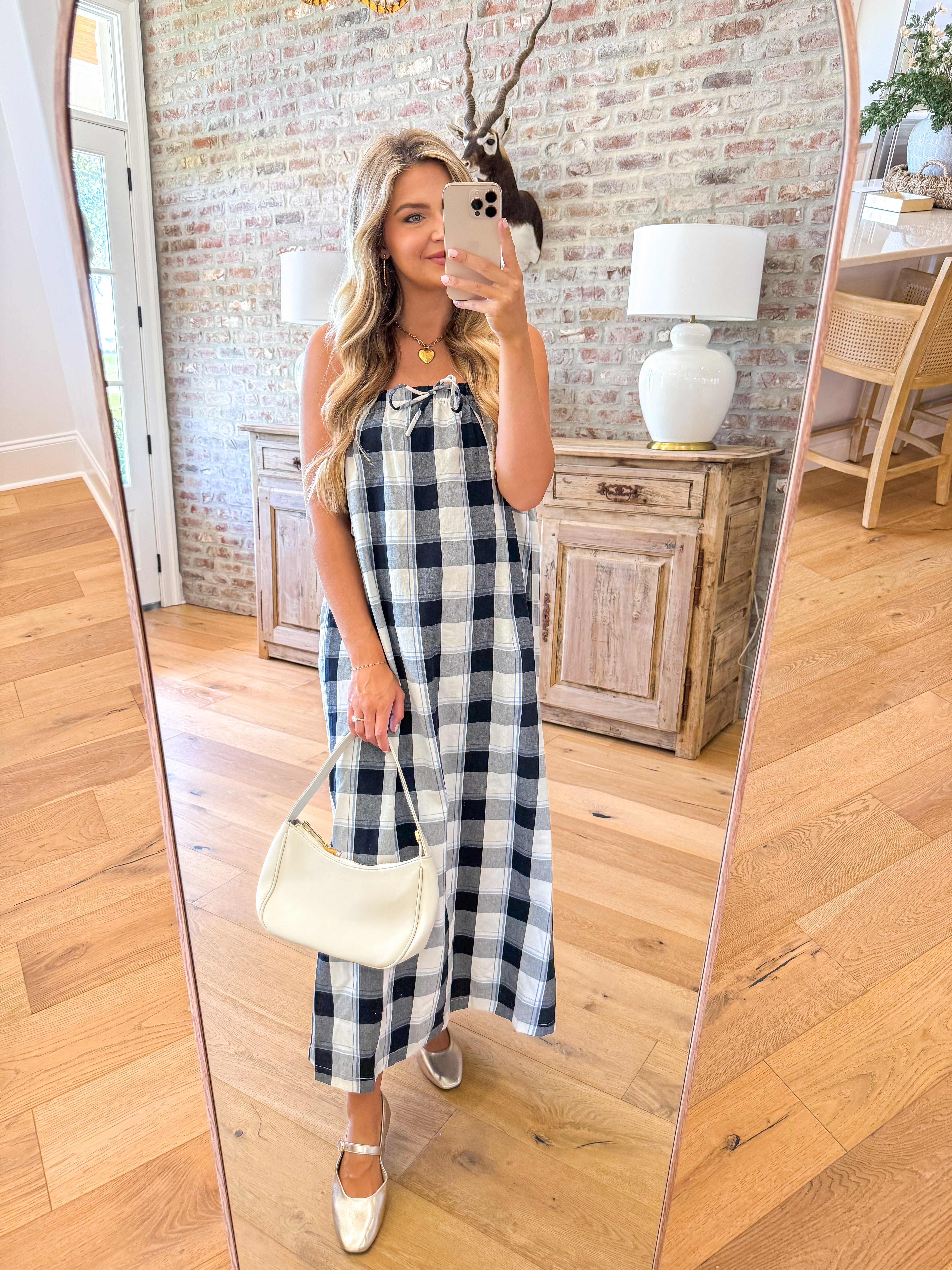 Navy Gingham Tie-Front Maxi Dress
