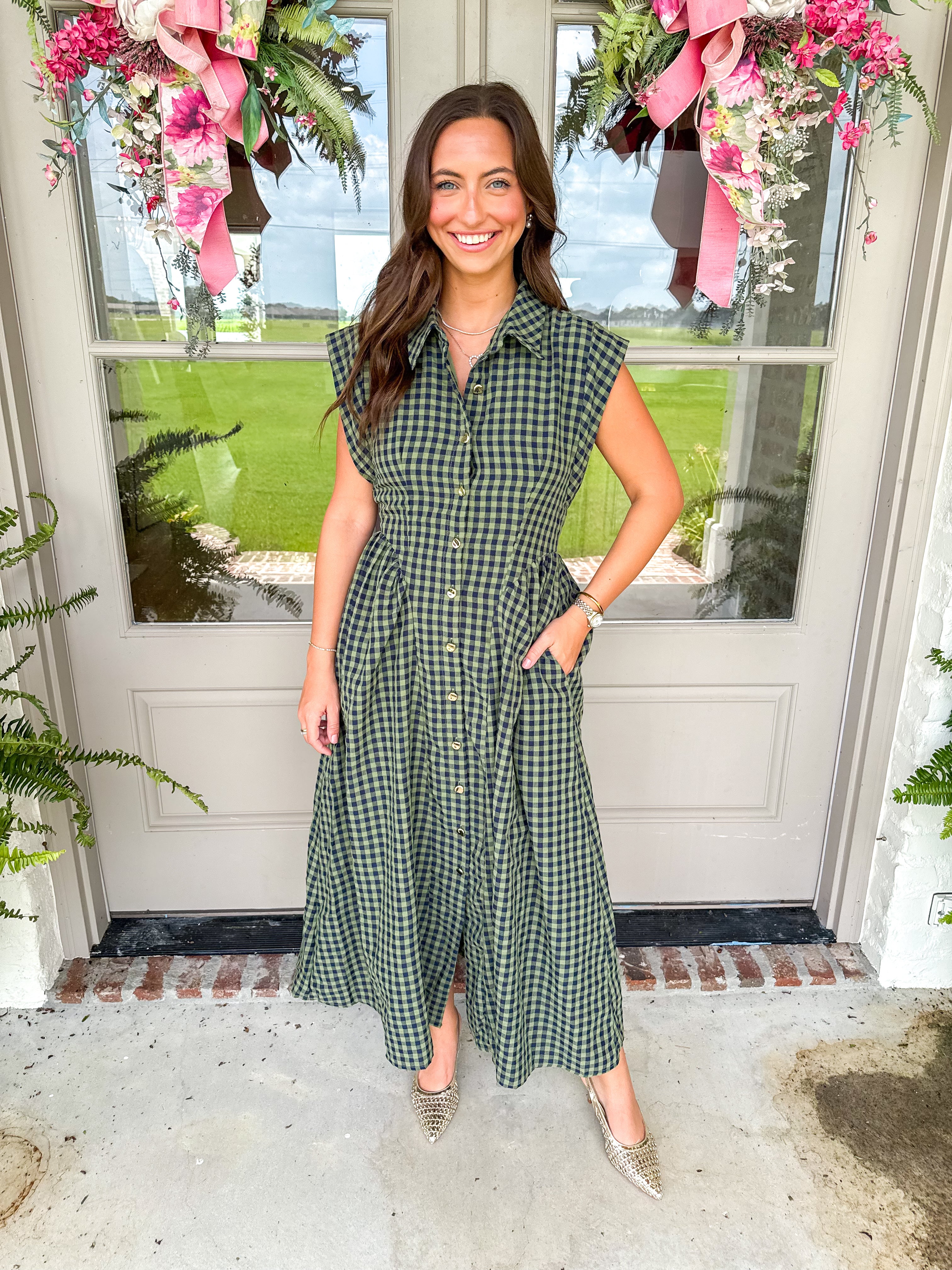 Magnolia Gingham Midi Dress Olive