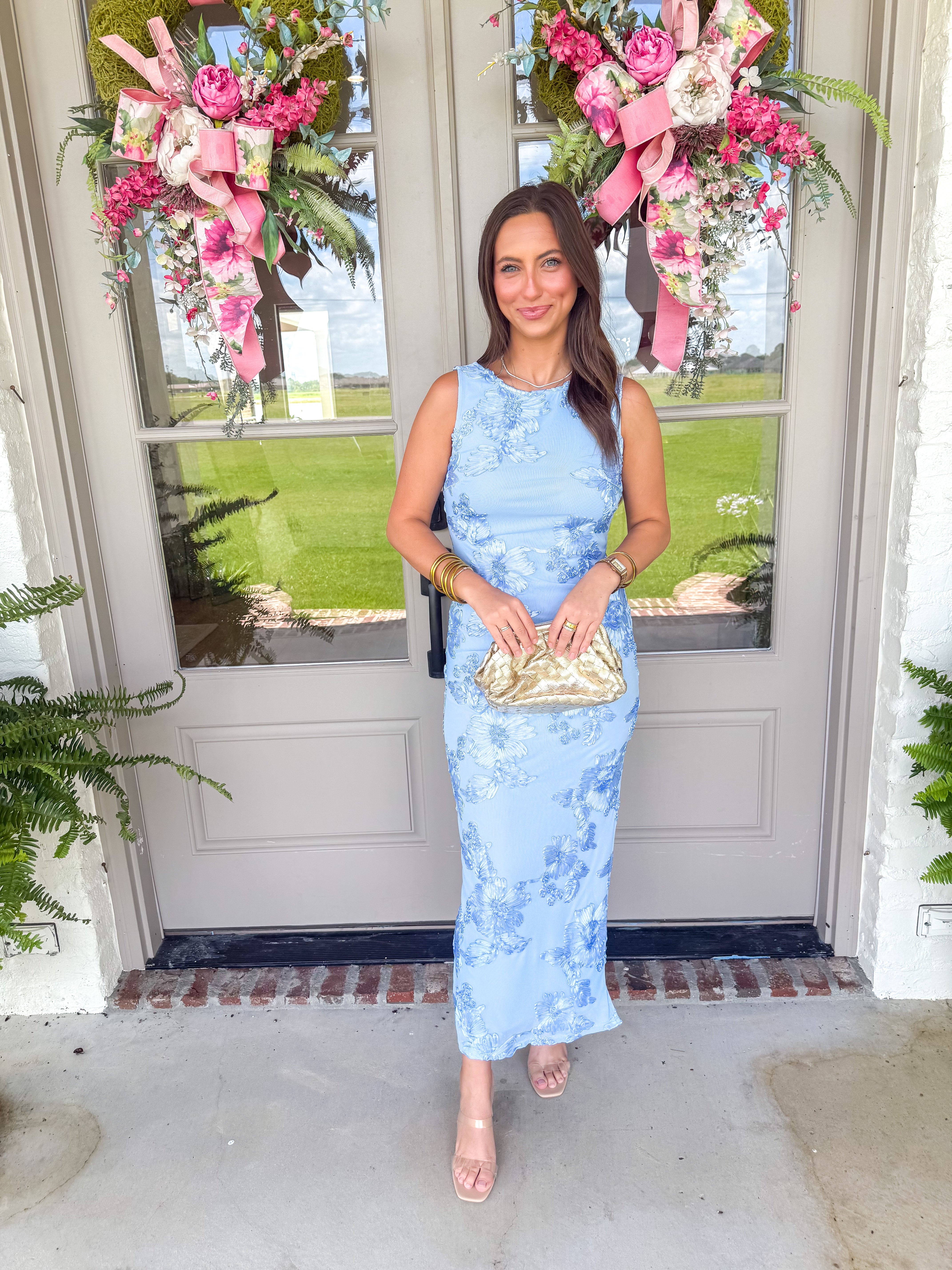 Chambray Blue Floral Appliqué Midi Dress