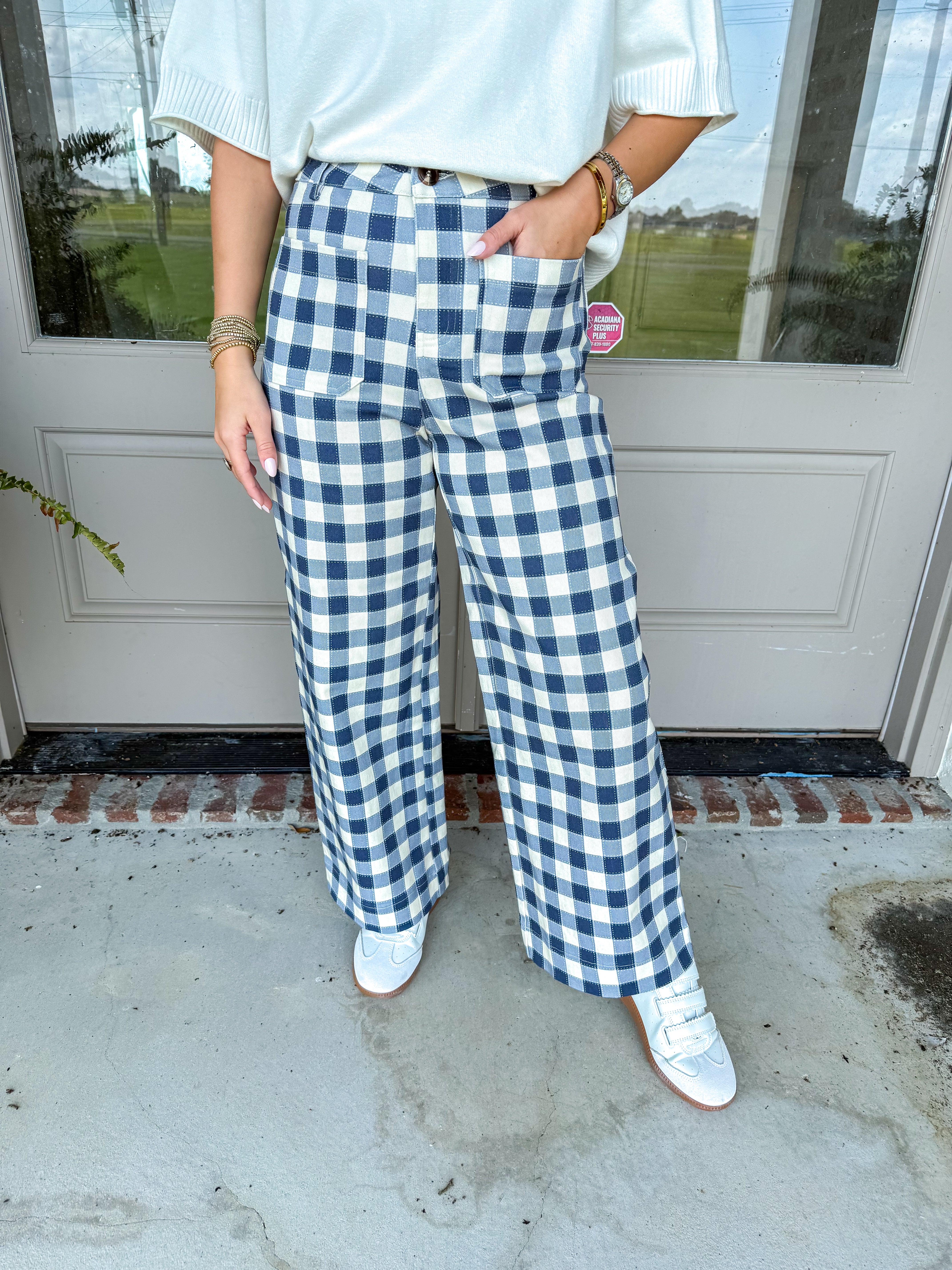 Navy Gingham Wide-Leg Pants